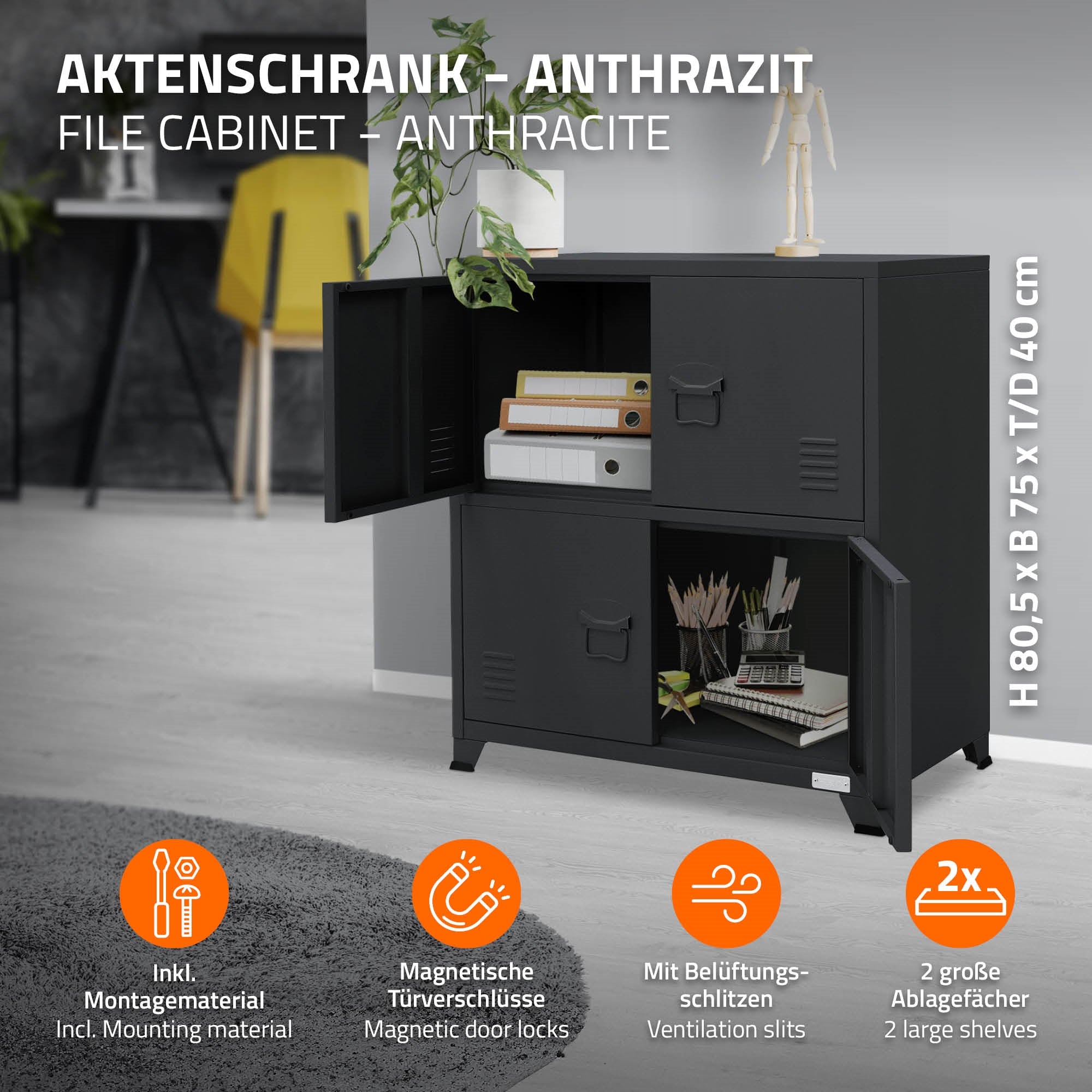 Schwarzer Aktenschrank mit offenen Türen und Belüftungsschlitzen.