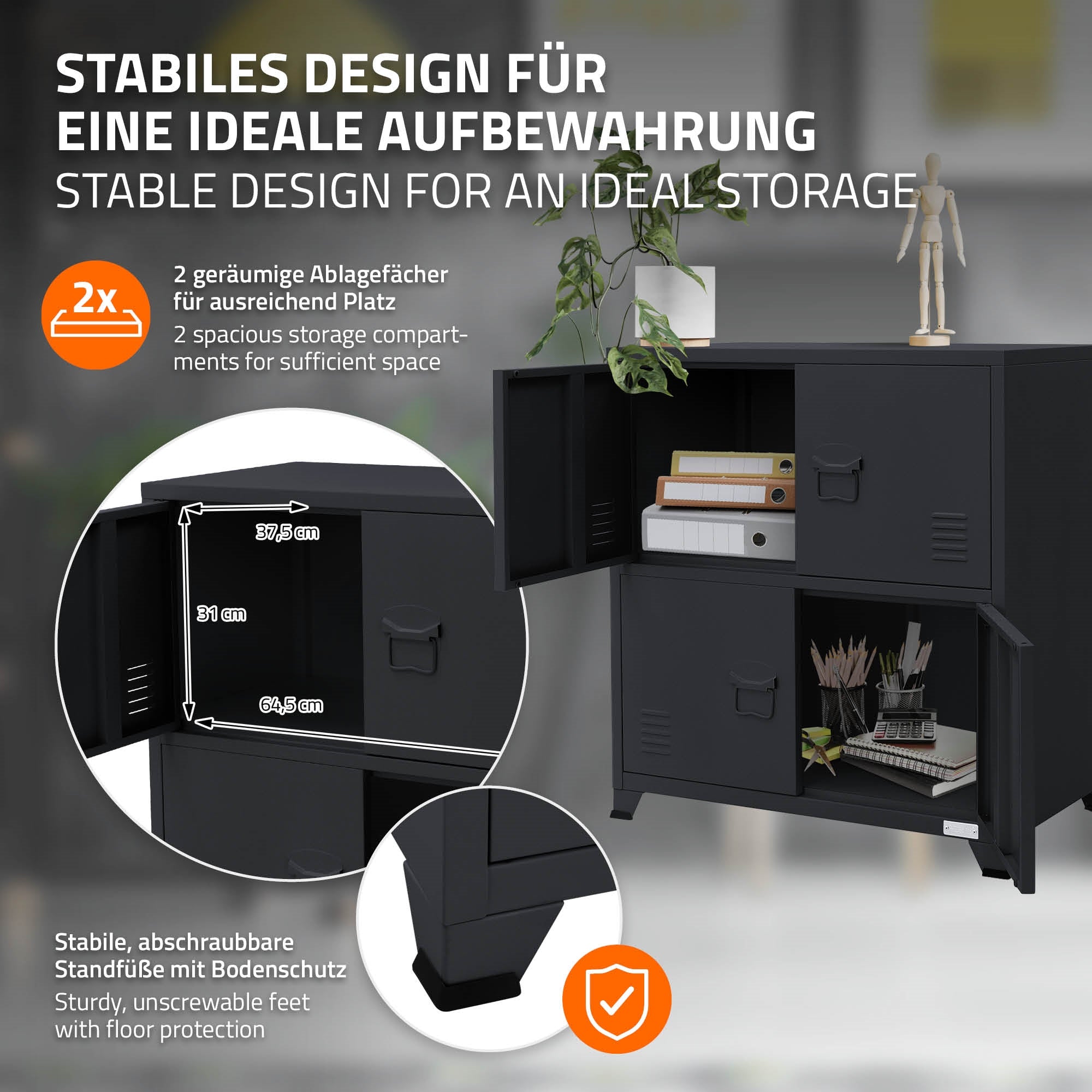 Schrank mit zwei Fächern, stabil und mit Bodenschutz, für idealen Stauraum.