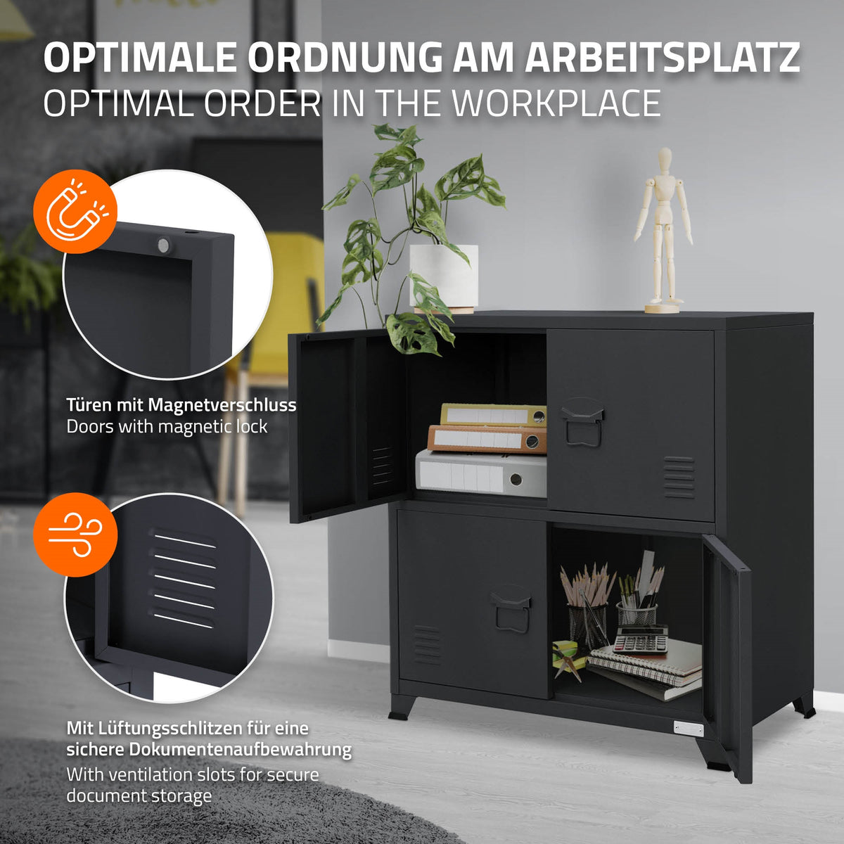Schwarzer Aktenschrank mit Türen und Informationen zur optimalen Ordnung.