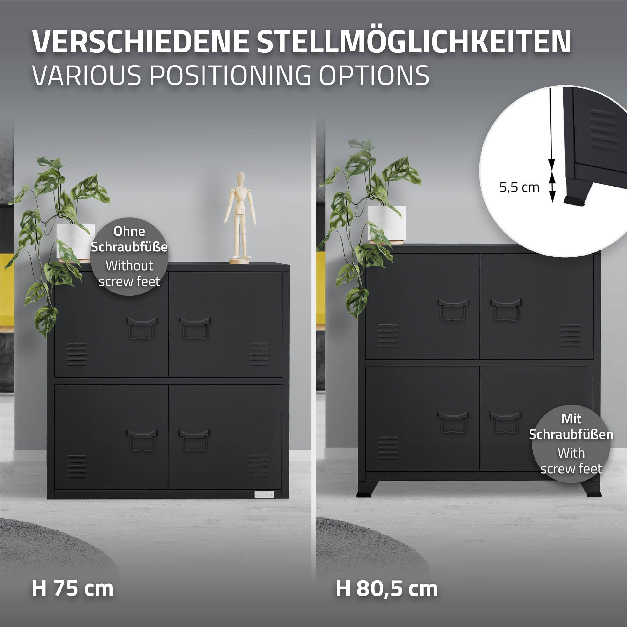 Ein Möbelstück mit zwei Türen und Schubladen, daneben eine Figur und Text zu Stellmöglichkeiten.