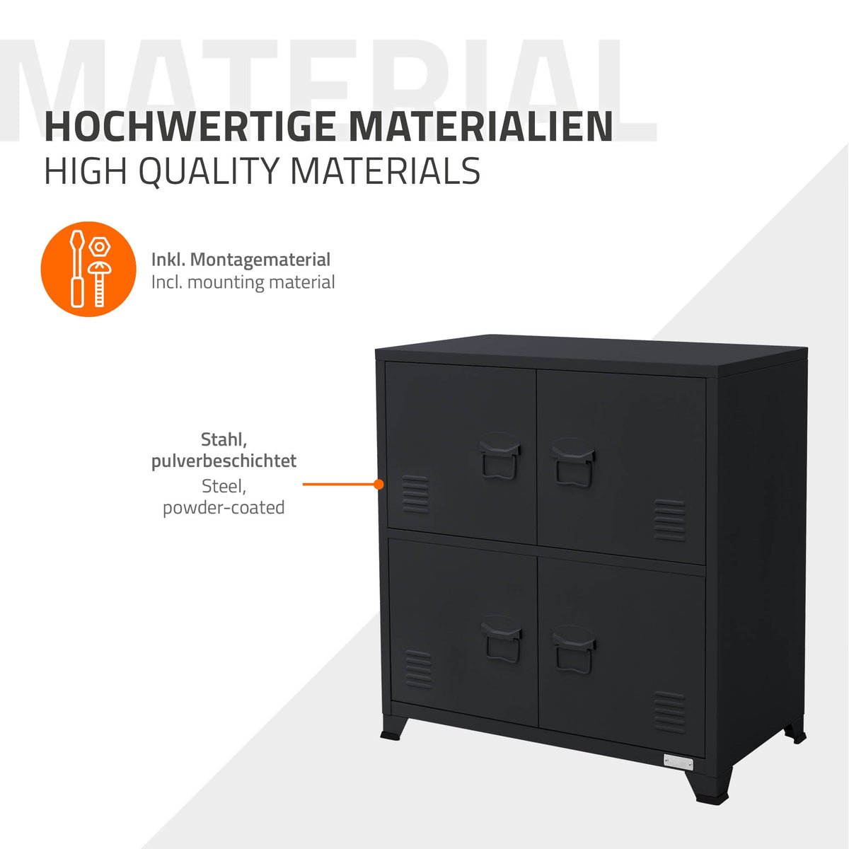Grafik zeigt einen schwarzen Aktenschrank aus pulverbeschichtetem Stahl.