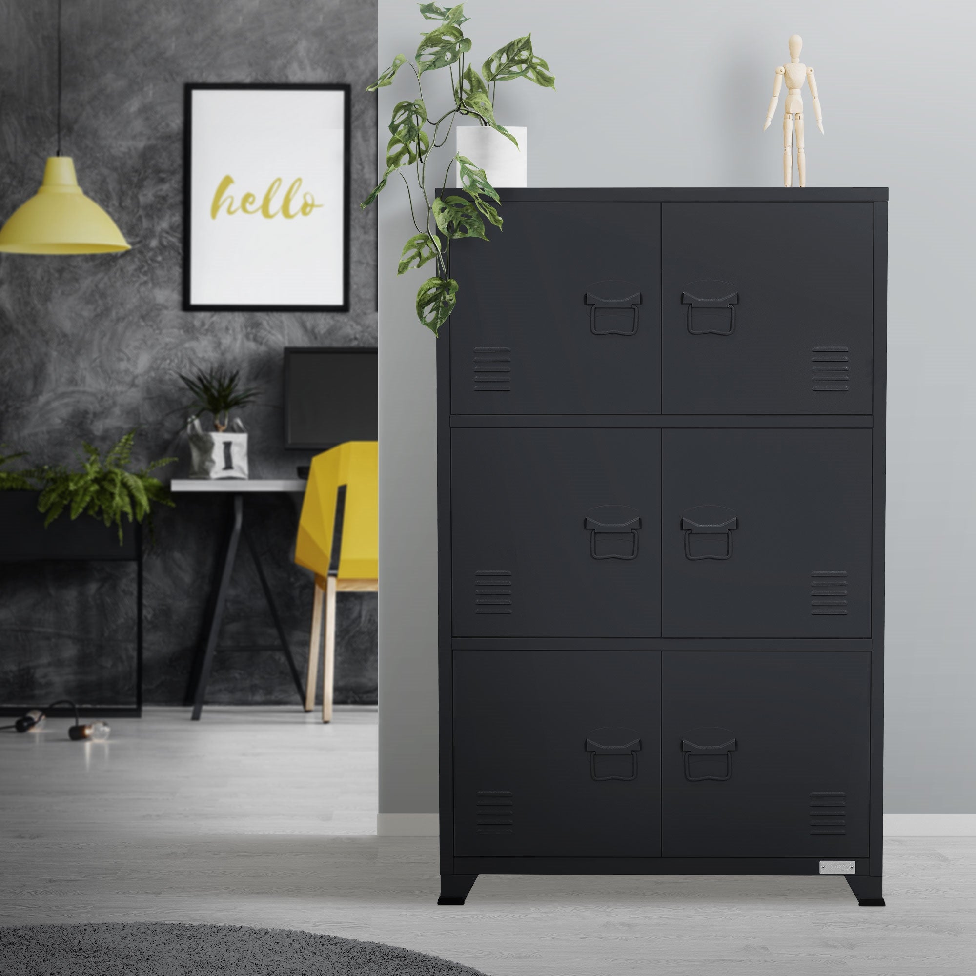 Black filing cabinet with six compartments in a modern room.