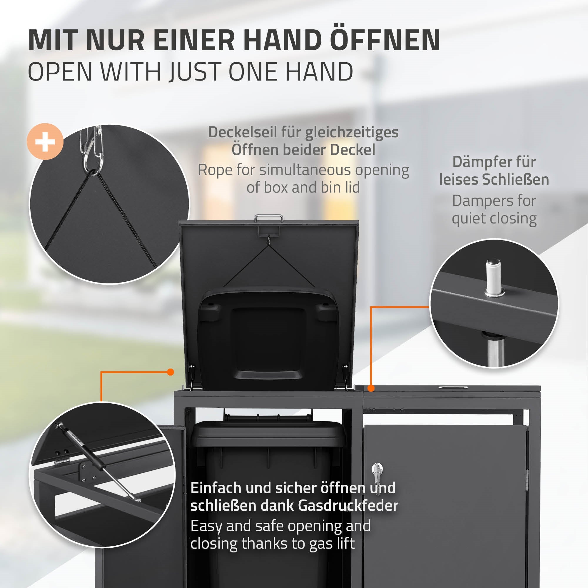 Grafiek met een vuilnisbakkenbox die met één hand kan worden geopend.