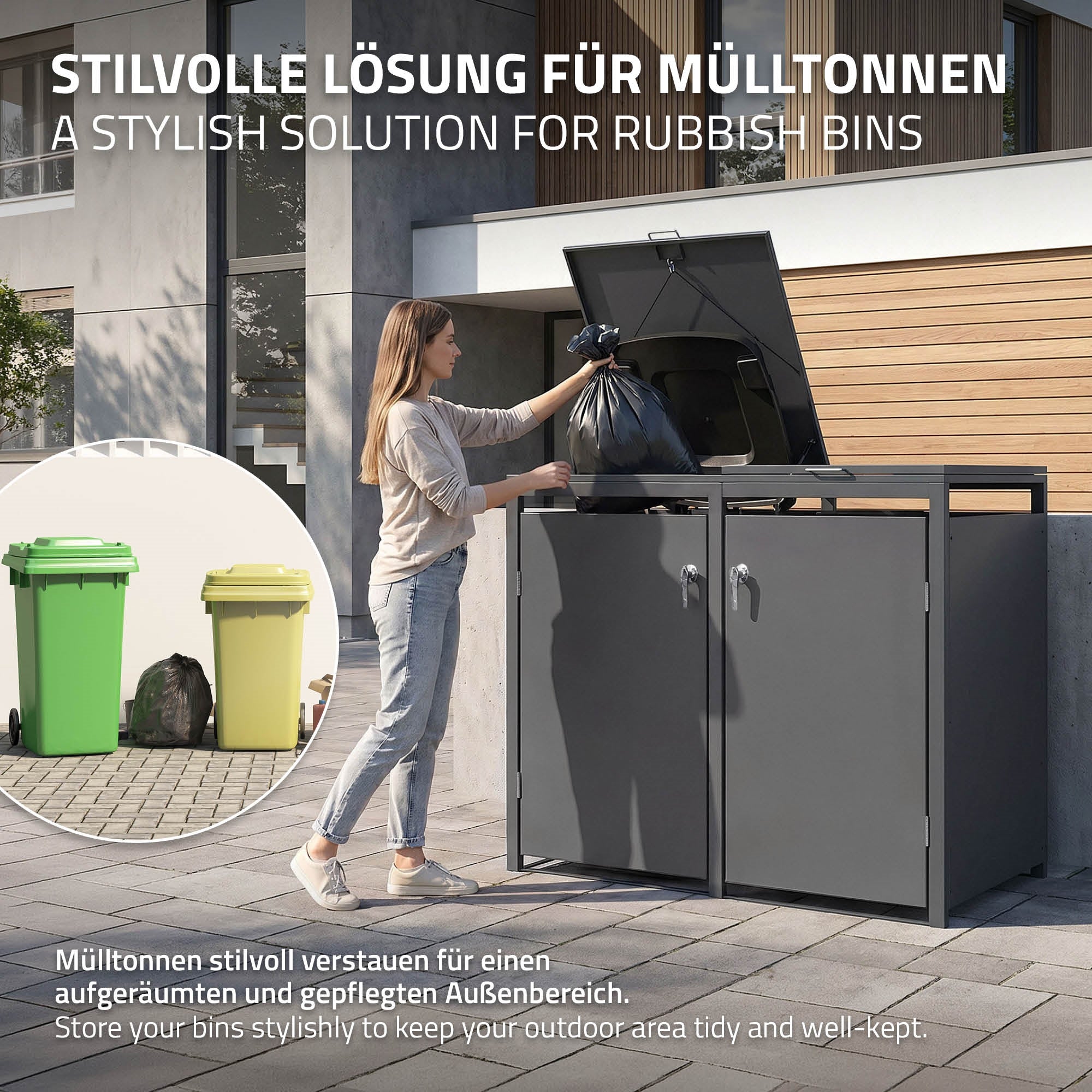 Vrouw plaatst vuilniszak in vuilnisbakkenbox, stijlvolle oplossing voor buiten.