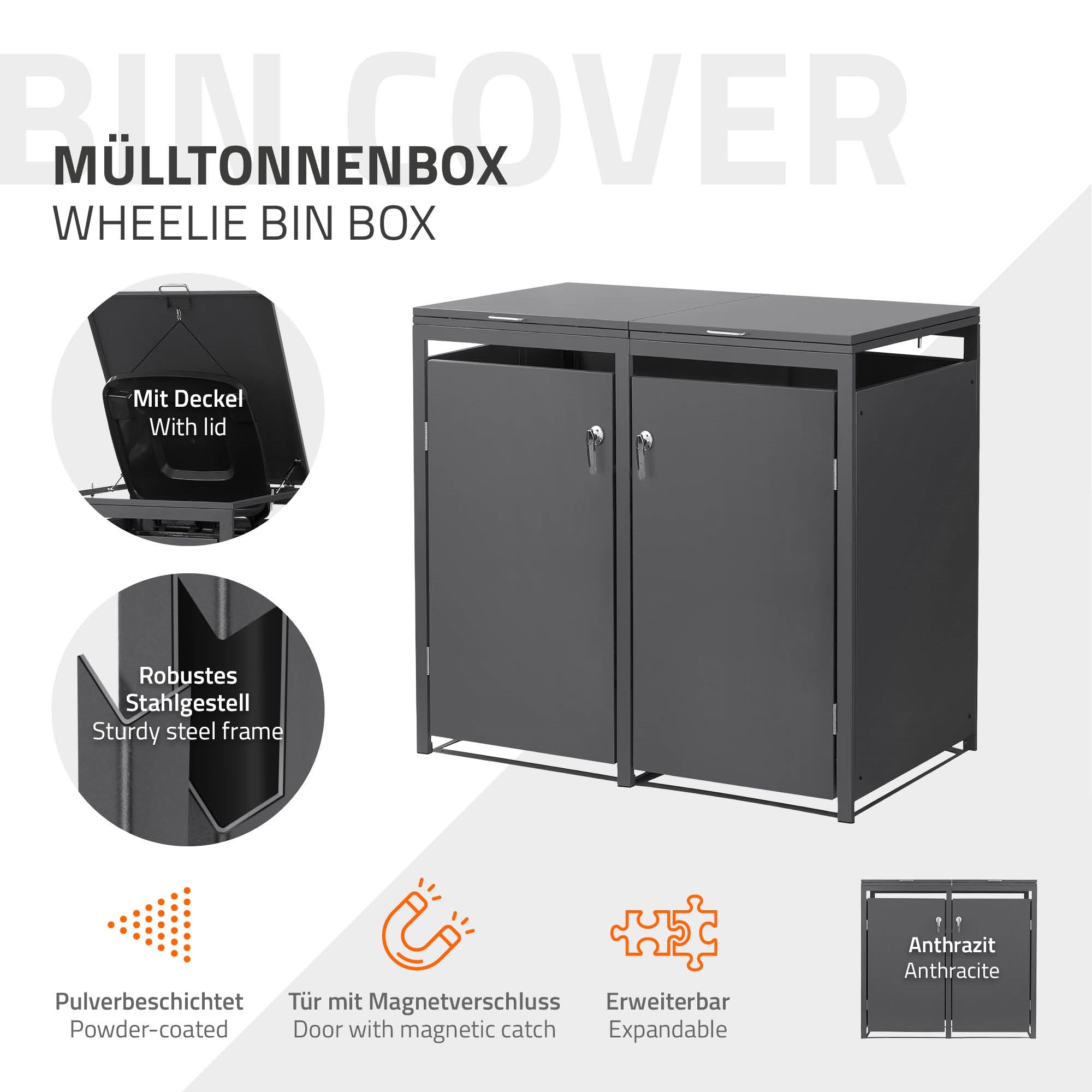 Vuilnisbakkenbox met deksel en twee deuren van robuust staal.