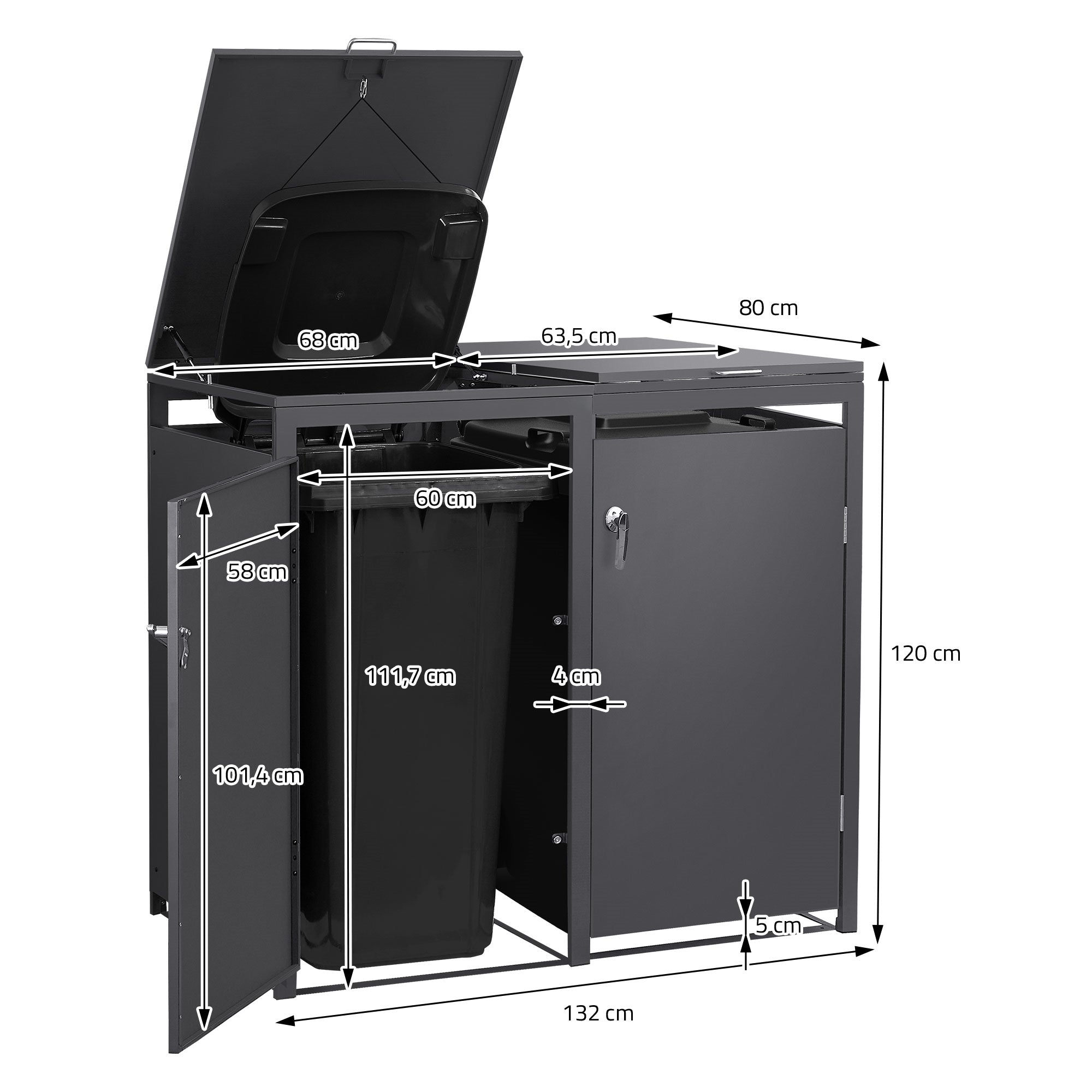Vuilnisbakkenbox met twee compartimenten, open, afmetingen en details zichtbaar.