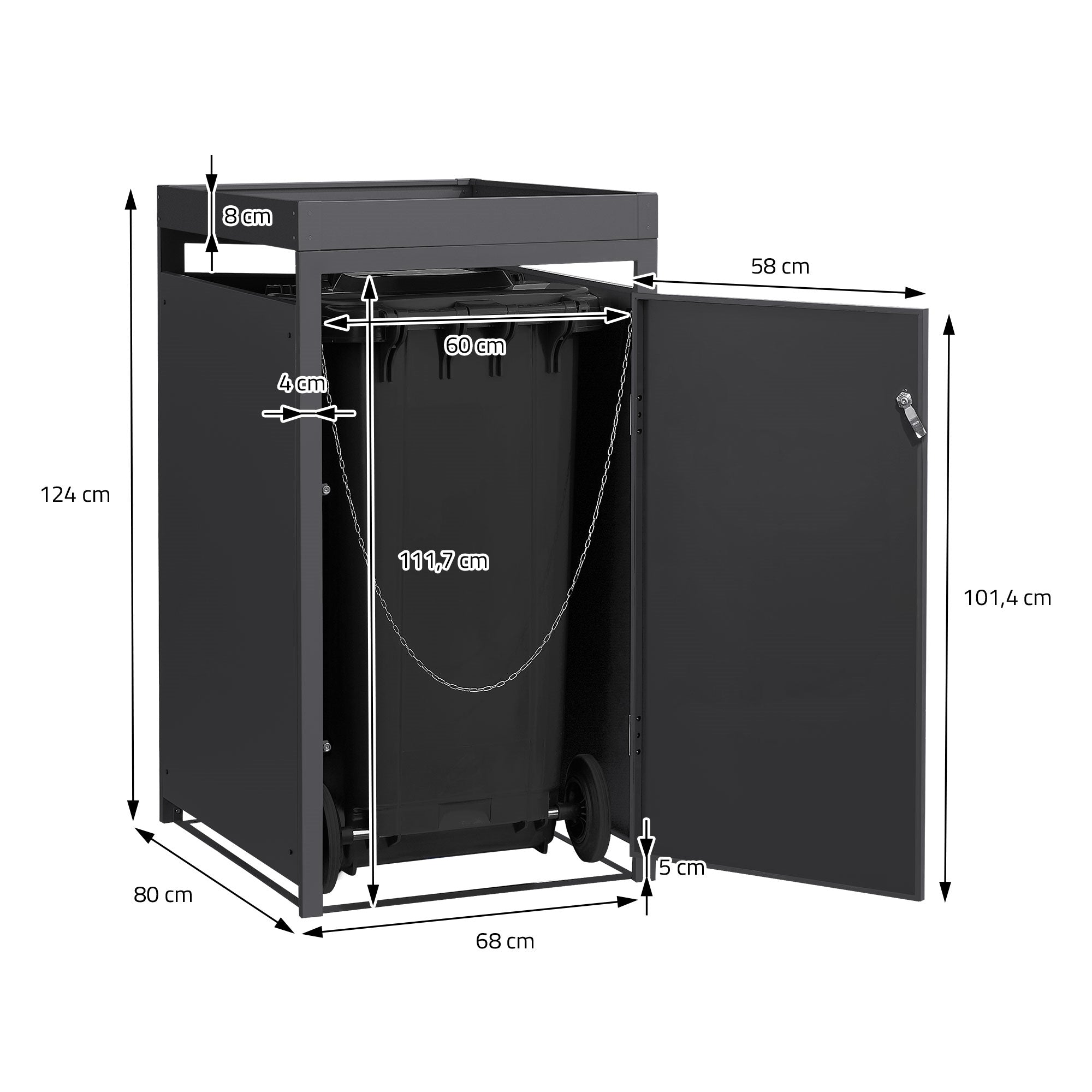 Caja de contenedores de basura con medidas: 132 cm x 80 cm x 124 cm, con una puerta