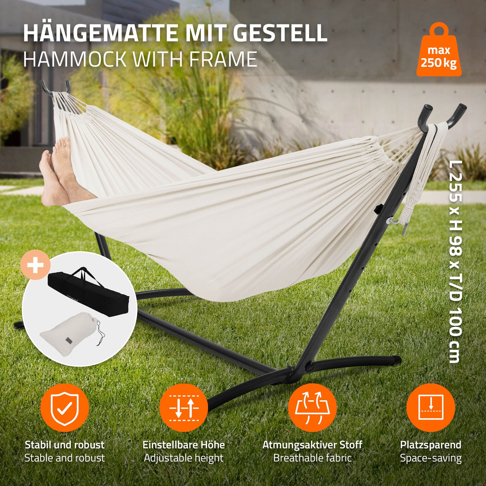 Hängematte mit Gestell, beige, im Freien, mit Tragfähigkeit von 250 kg.