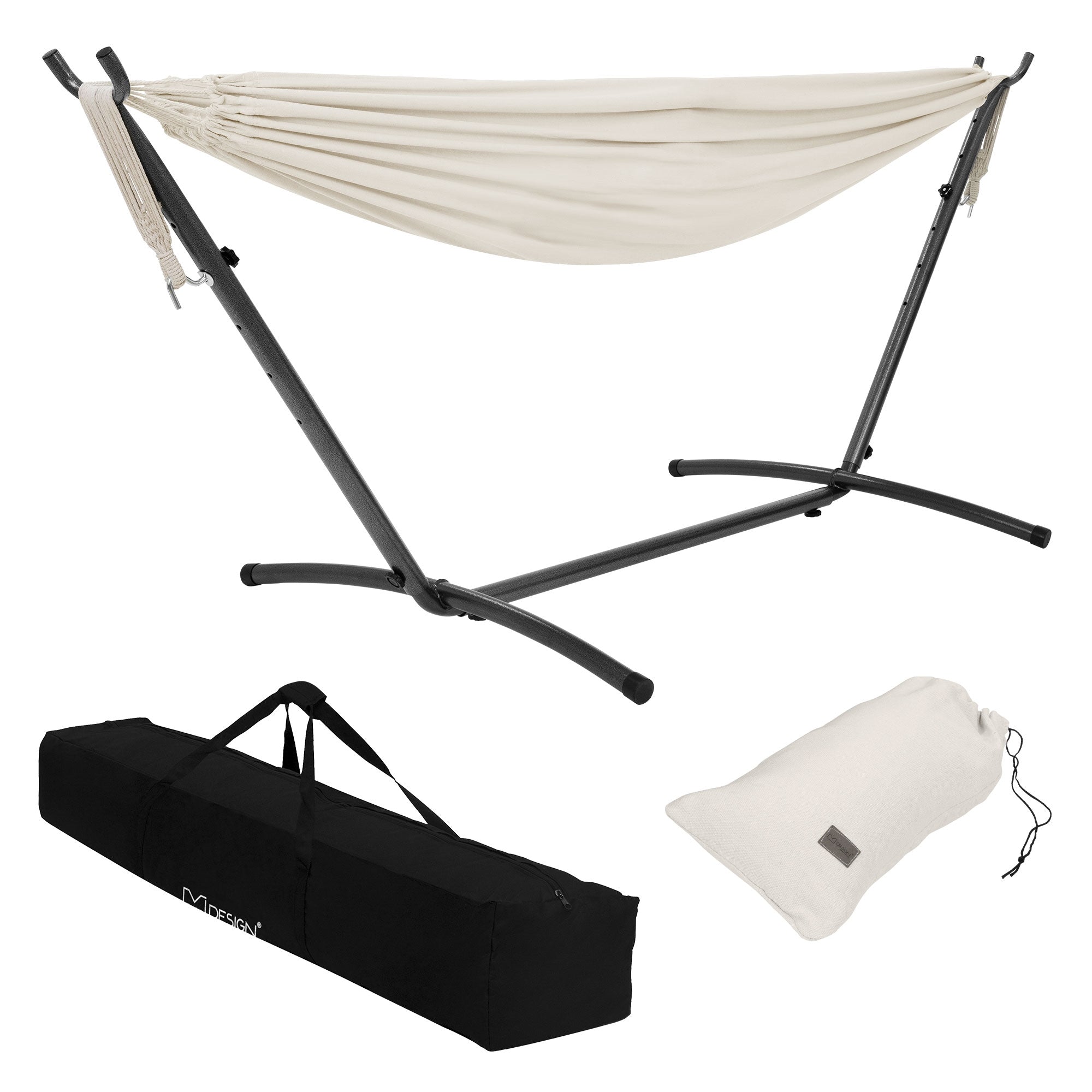 Amaca con struttura e borsa da trasporto in beige.