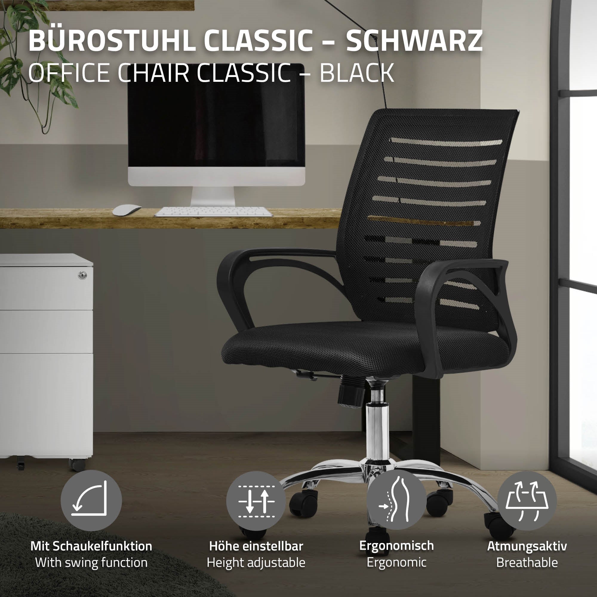 Zwarte bureaustoel met ergonomisch ontwerp en in hoogte verstelbaar.