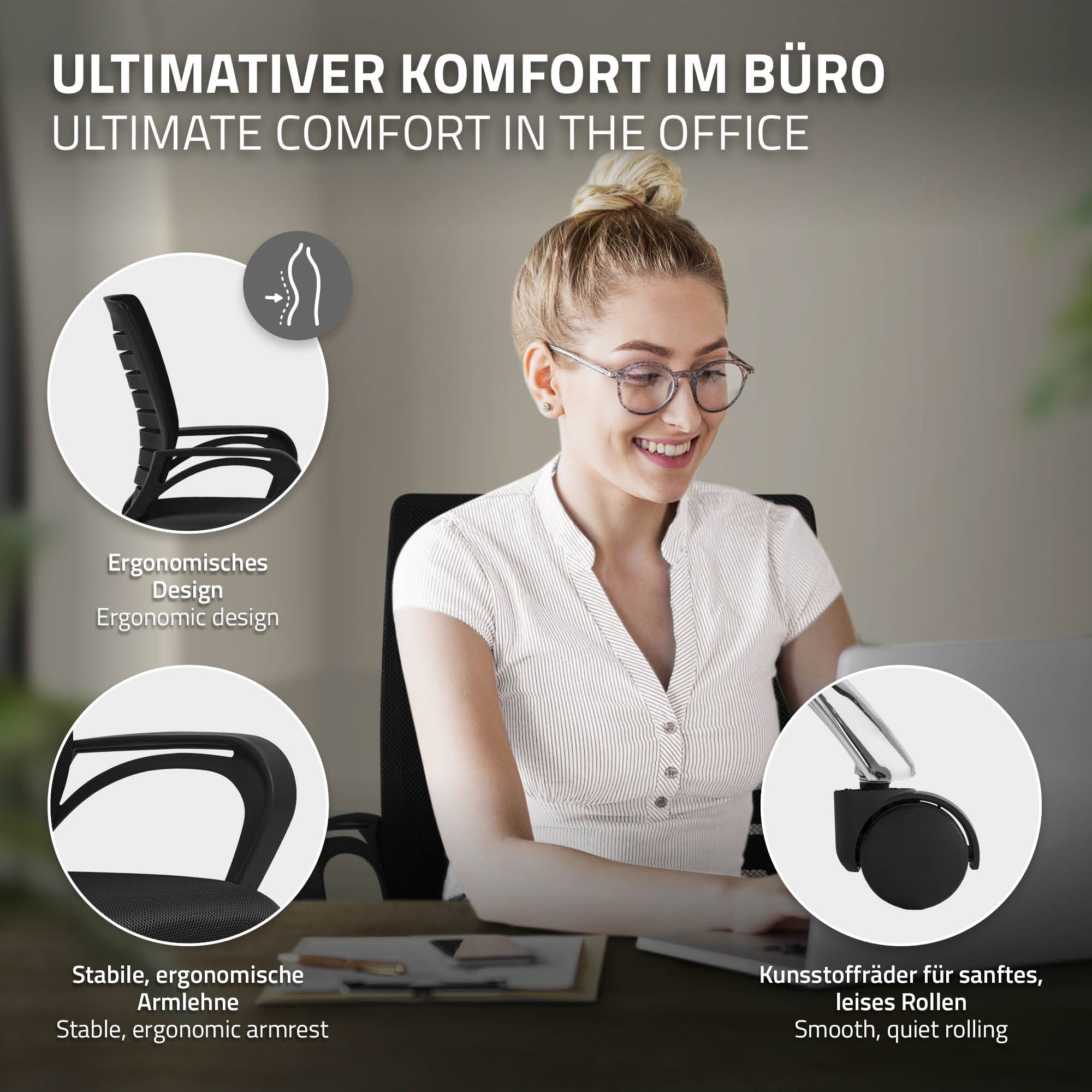 Vrouw met een bril zit aan het bureau en werkt op een laptop.