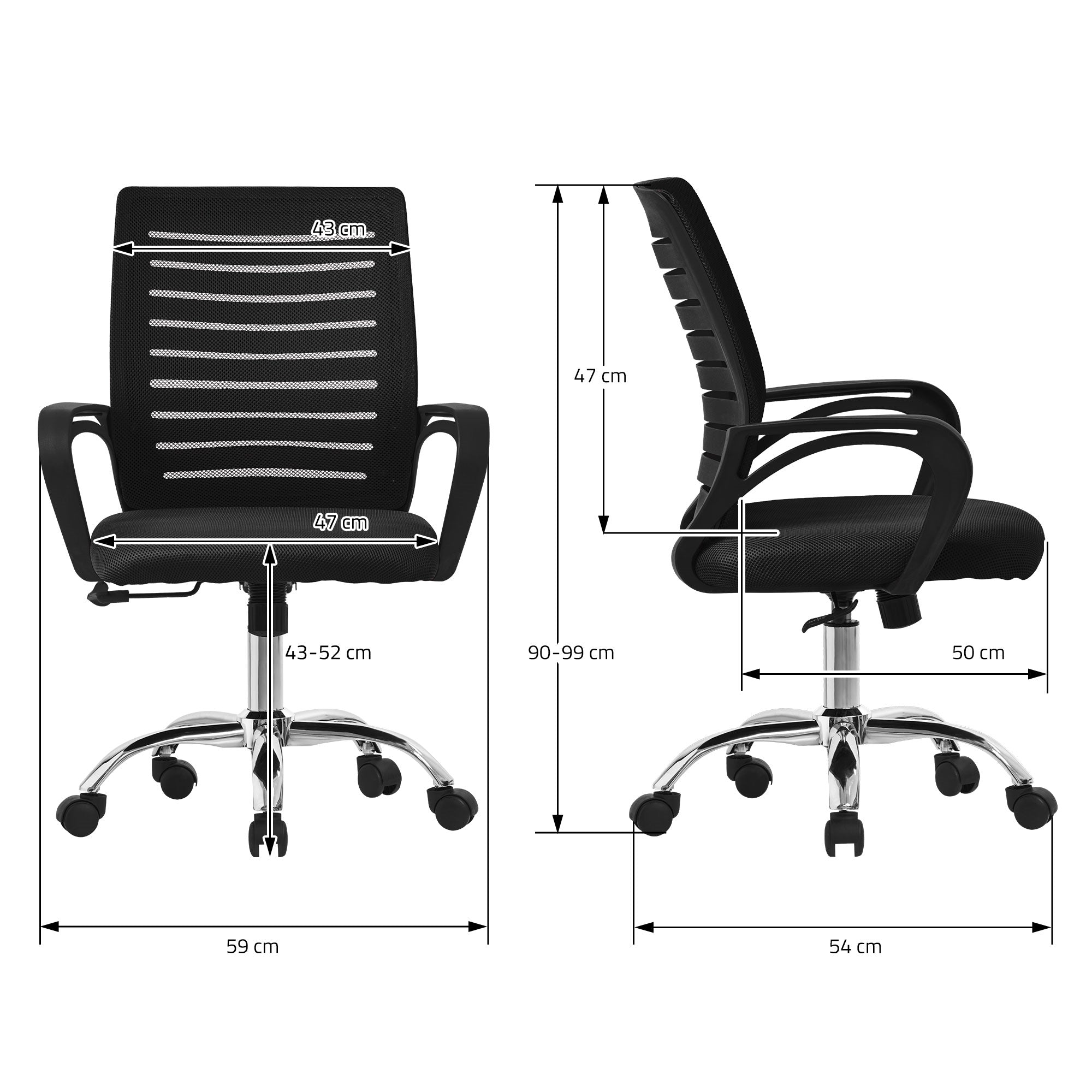 Maattekening voor bureaustoel met hoogte- en breedtematen.