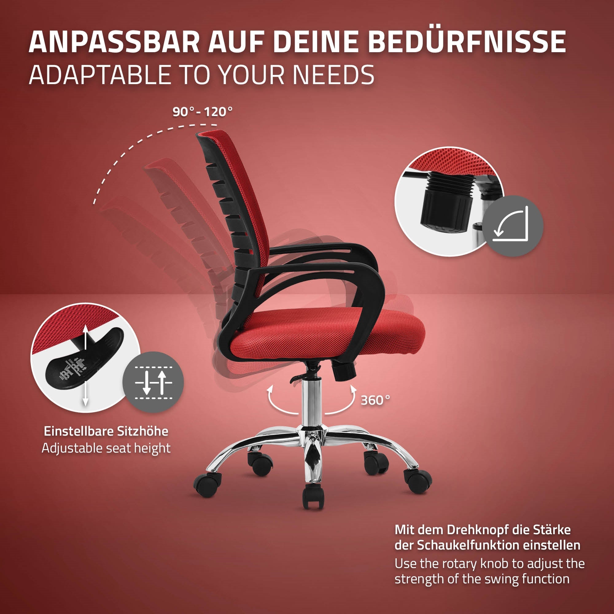 Silla de oficina roja con altura de asiento ajustable y botón giratorio para función de balanceo.
