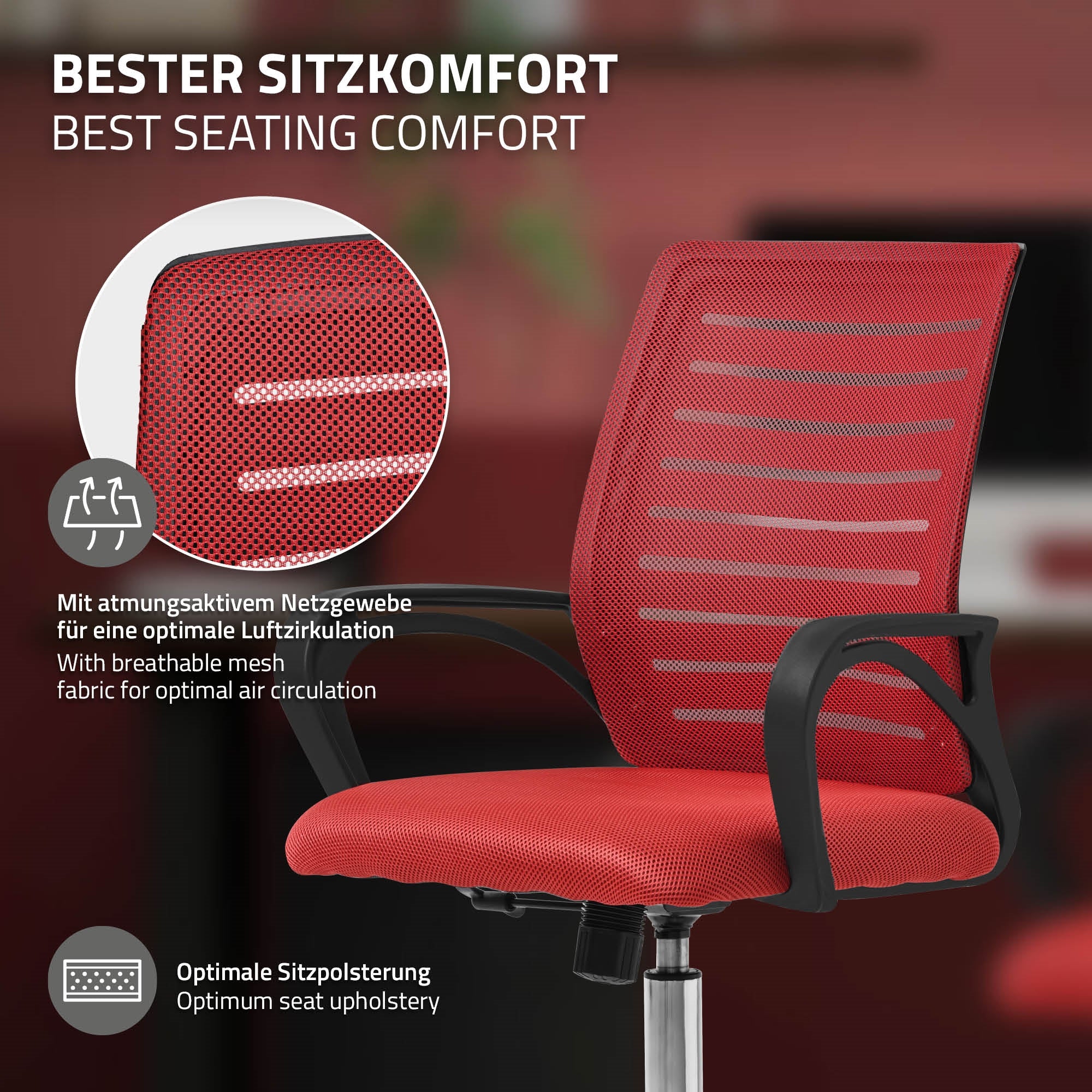 Silla de oficina roja con tejido de malla y descripción de la comodidad del asiento sobre un fondo oscuro.