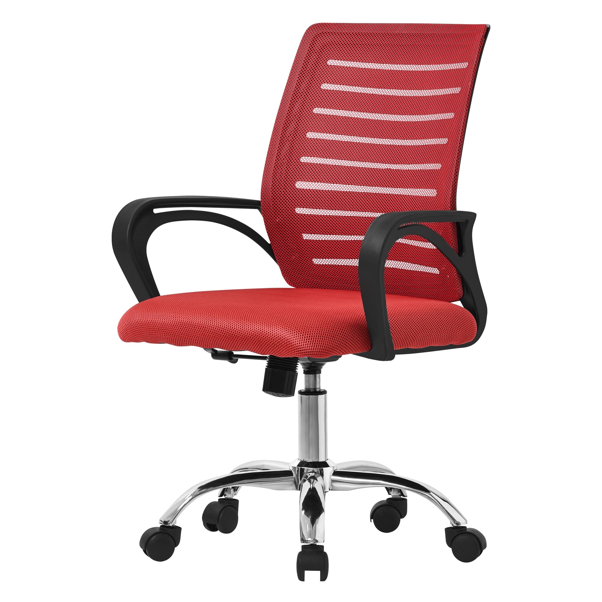 Silla de oficina roja con tapizado de malla y reposabrazos ajustables.