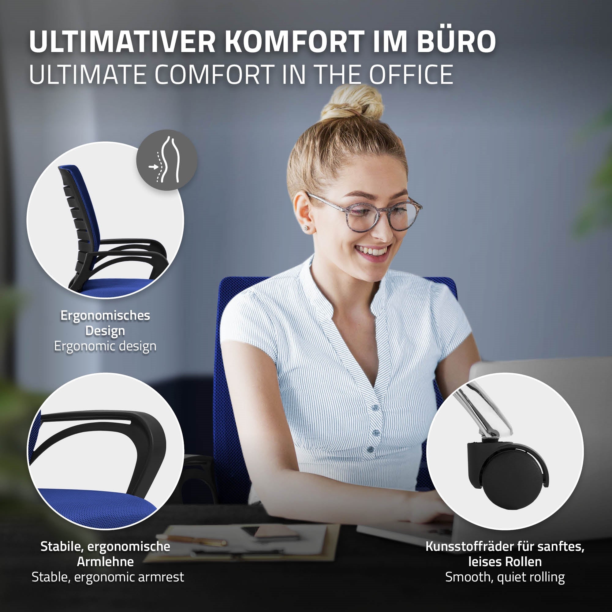 Kontor med ergonomisk stol og skrivebord, person arbejder ved laptop.