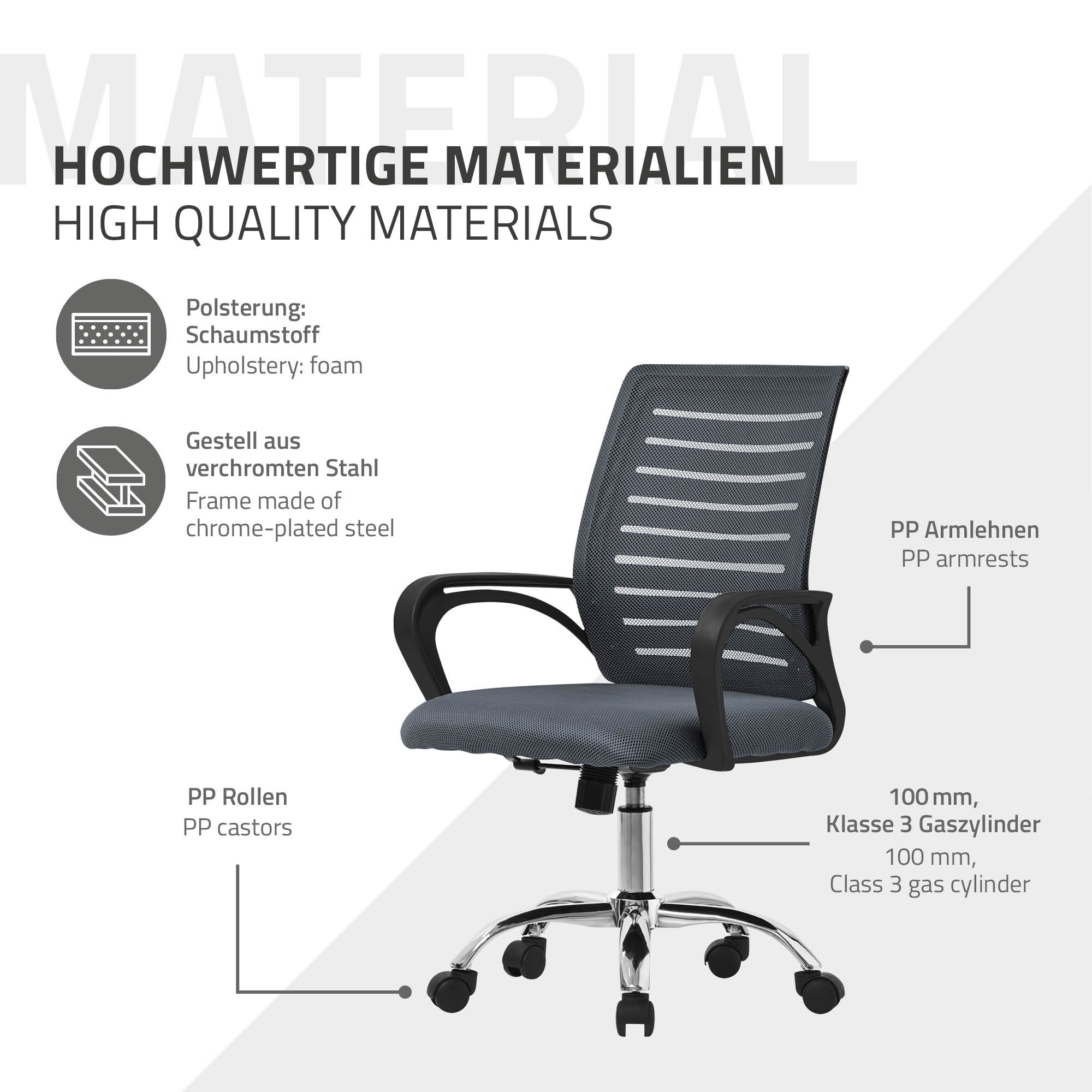 Materialbeschreibung eines Bürostuhls mit Details zu Polsterung und Gestell.