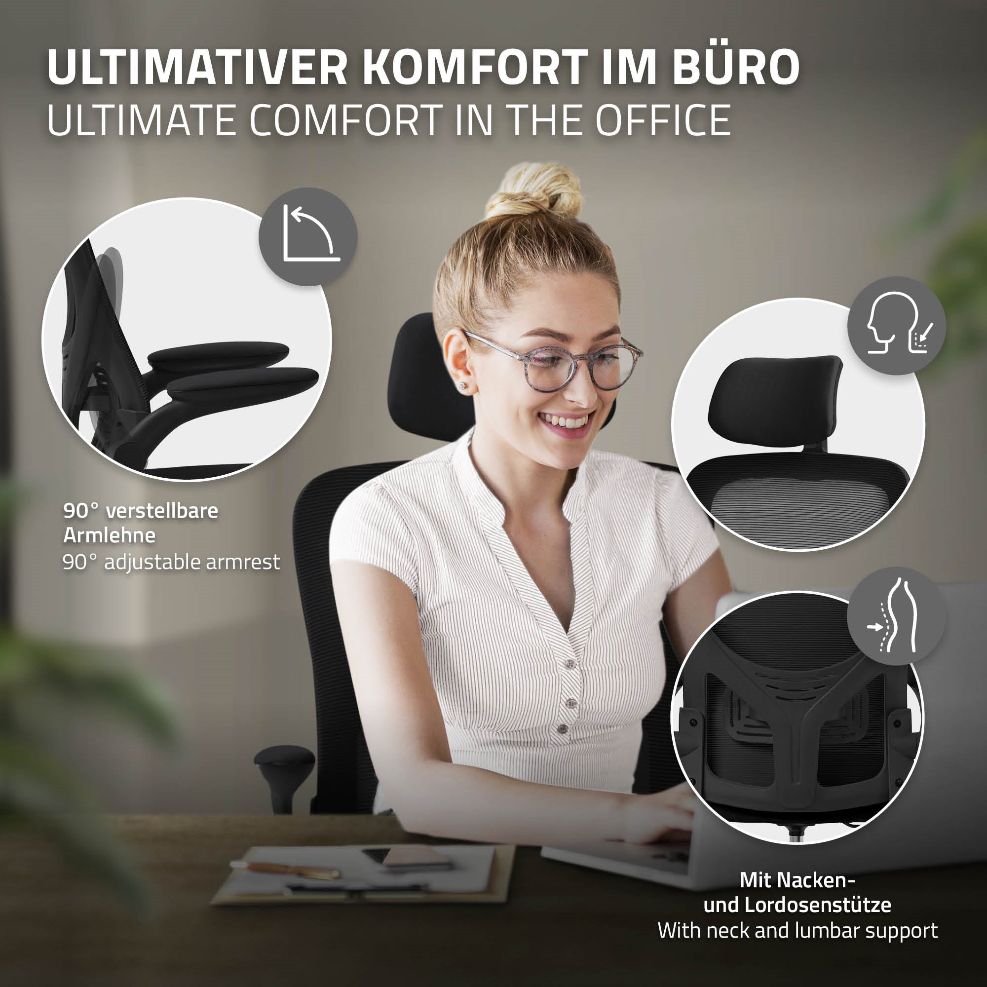 Vrouw met bril zit aan een bureau en glimlacht terwijl ze naar een laptop kijkt.