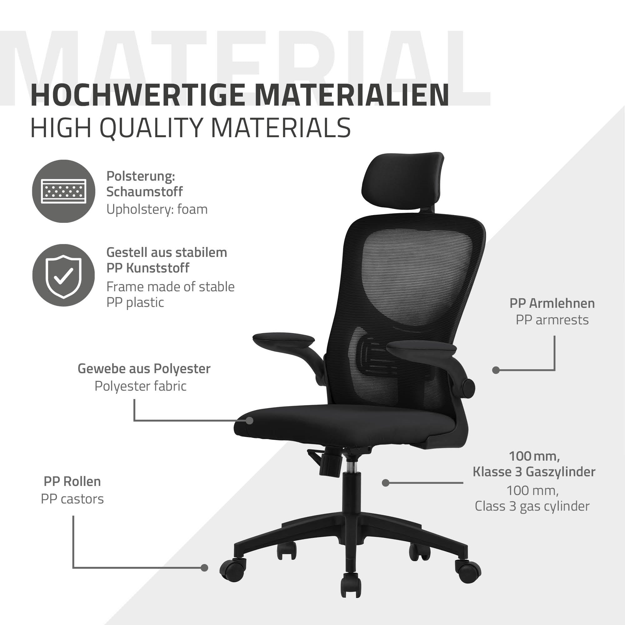 Bureaustoel in het zwart met ergonomisch ontwerp en hoogwaardige materialen.