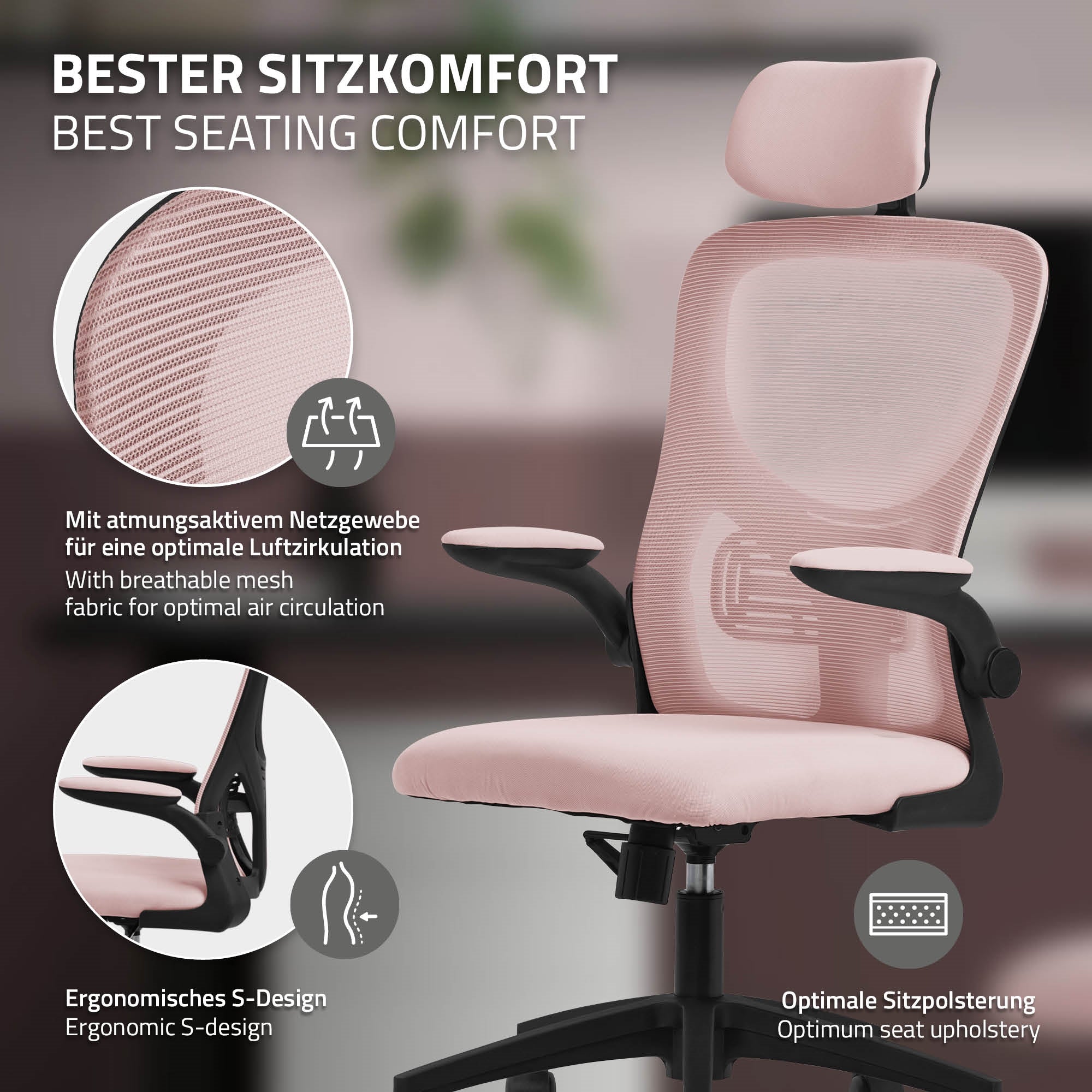 Irodai szék légáteresztő hálós anyagból rózsaszínben, ergonomikus dizájnnal.