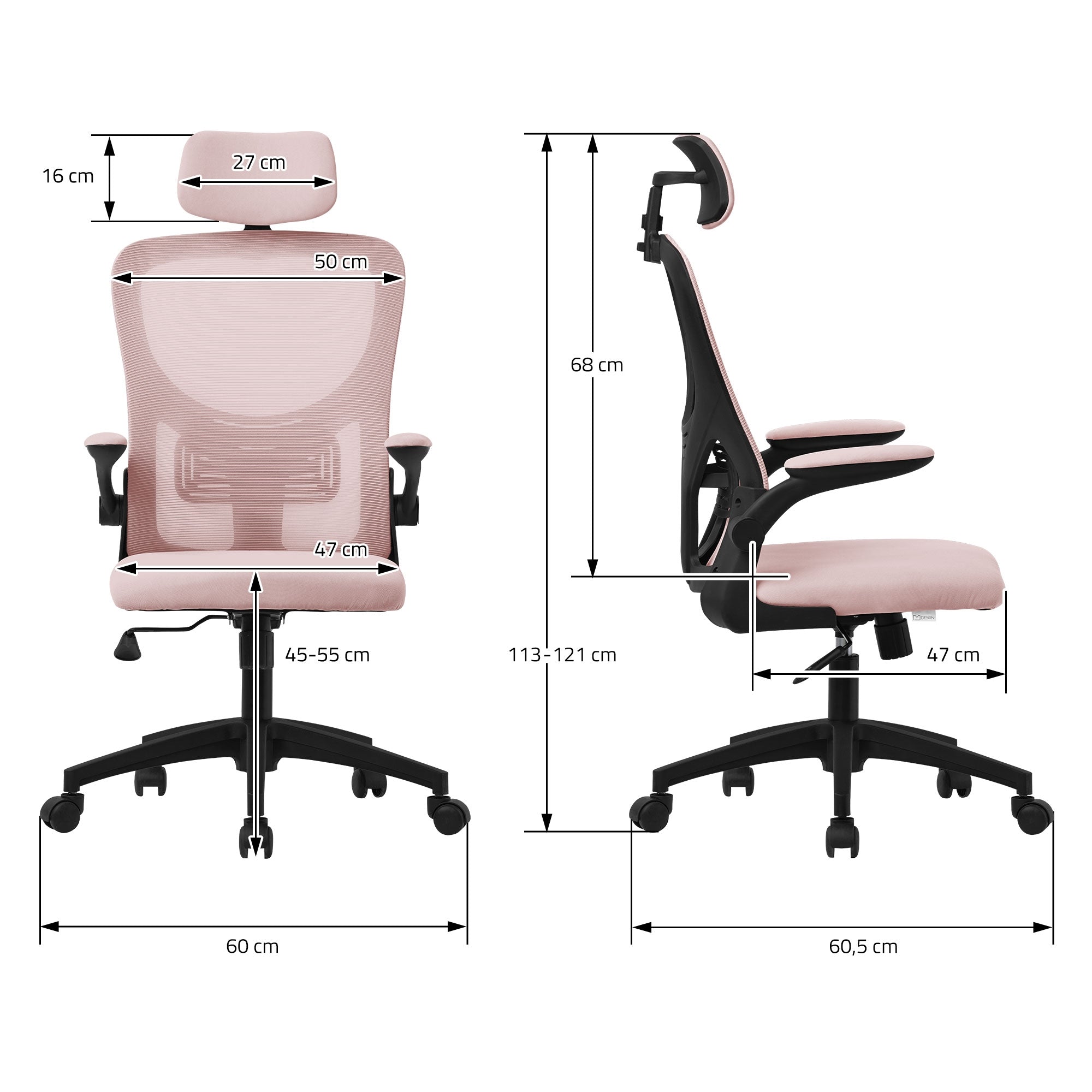 Irodai szék méretei: magasság 113-121 cm, szélesség 60 cm, mélység 60,5 cm.