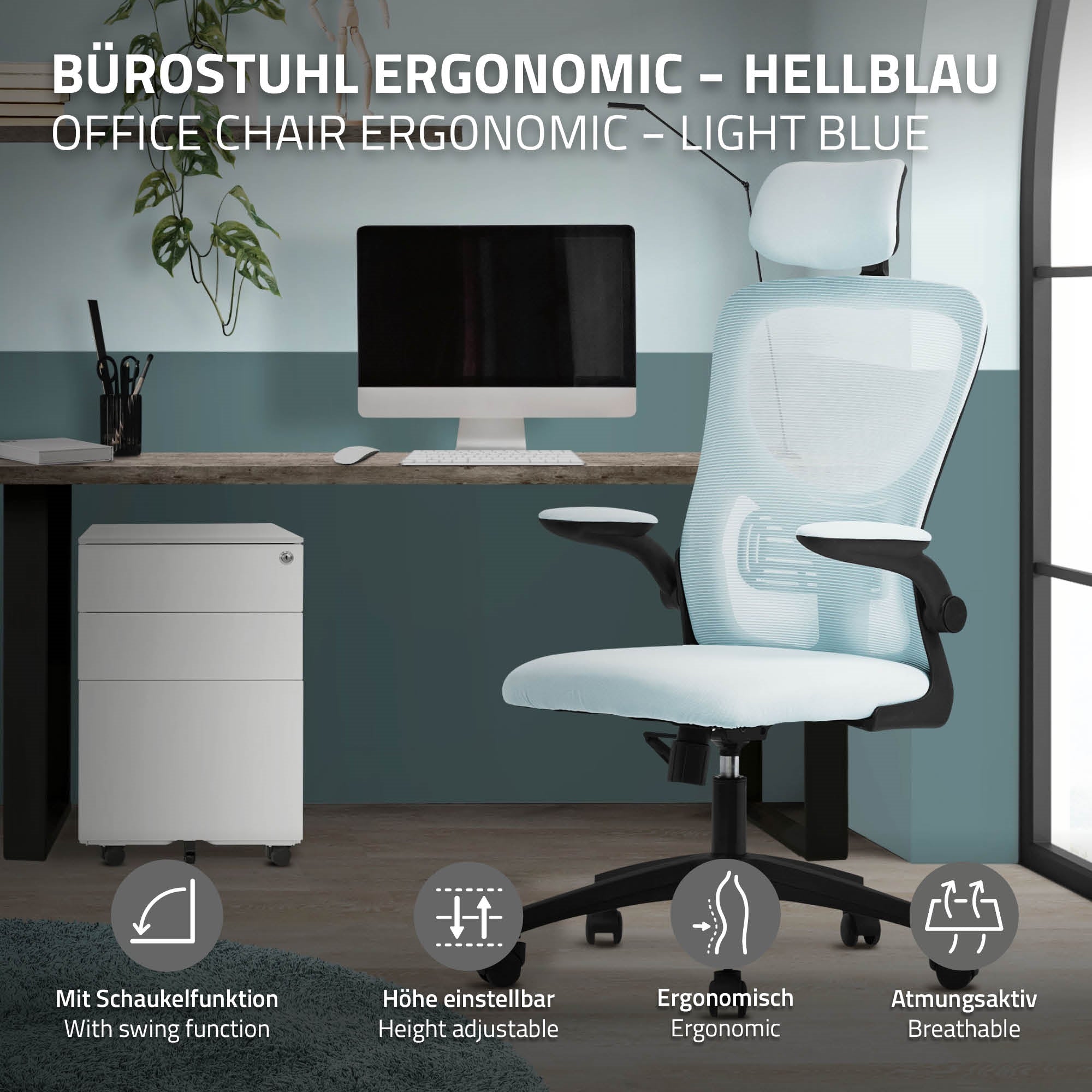Ergonomischer Bürostuhl in hellblau vor einem Schreibtisch und einem Aktenschrank.