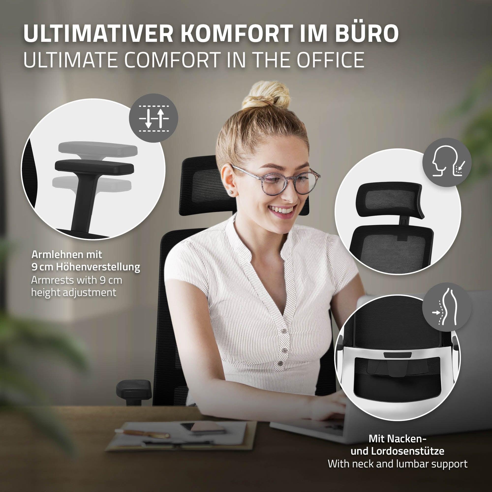 Frau sitzt an einem Schreibtisch und nutzt einen Bürostuhl mit verstellbaren Armlehnen und Rückenst