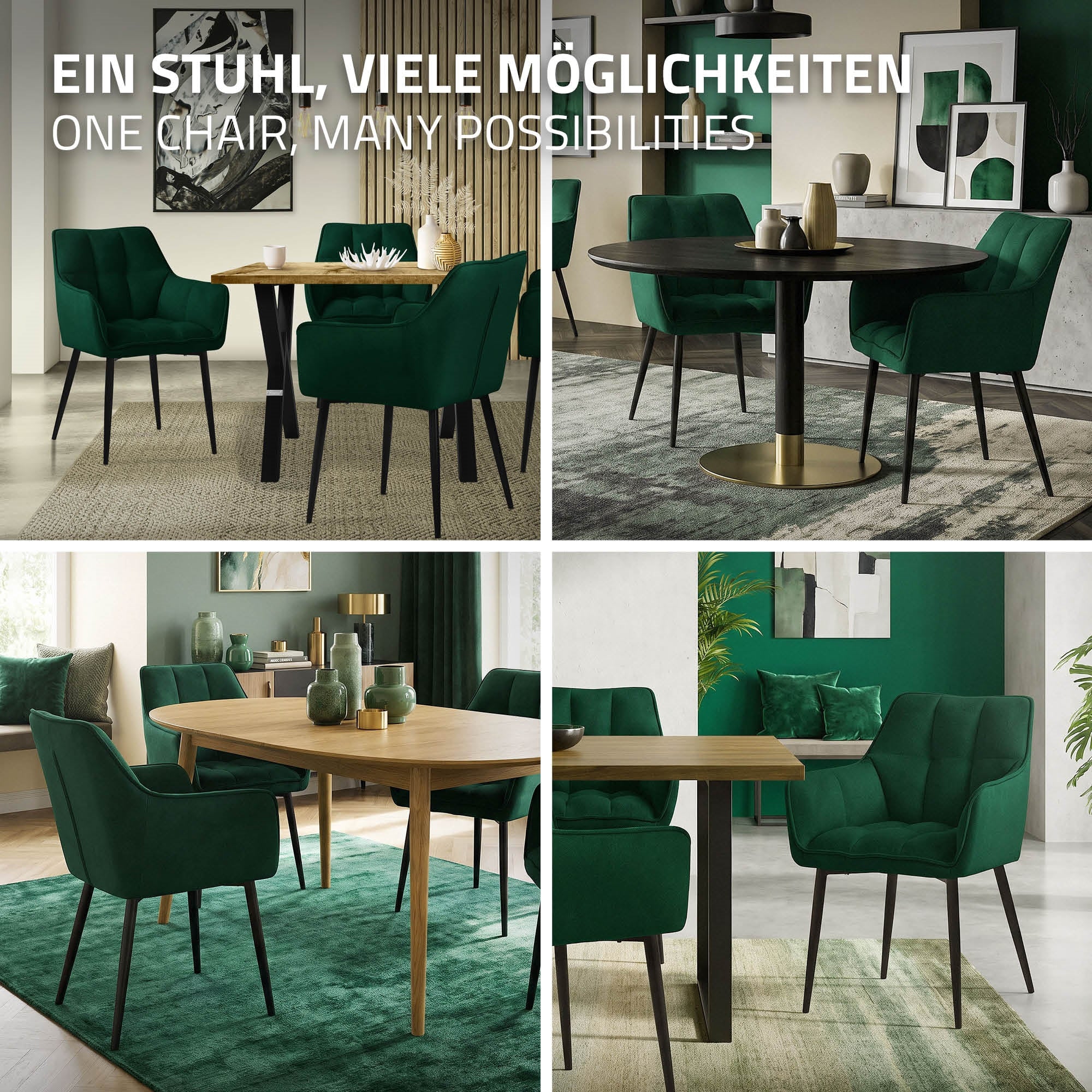 Fire grønne stole omkring et rundt bord i et moderne rum.