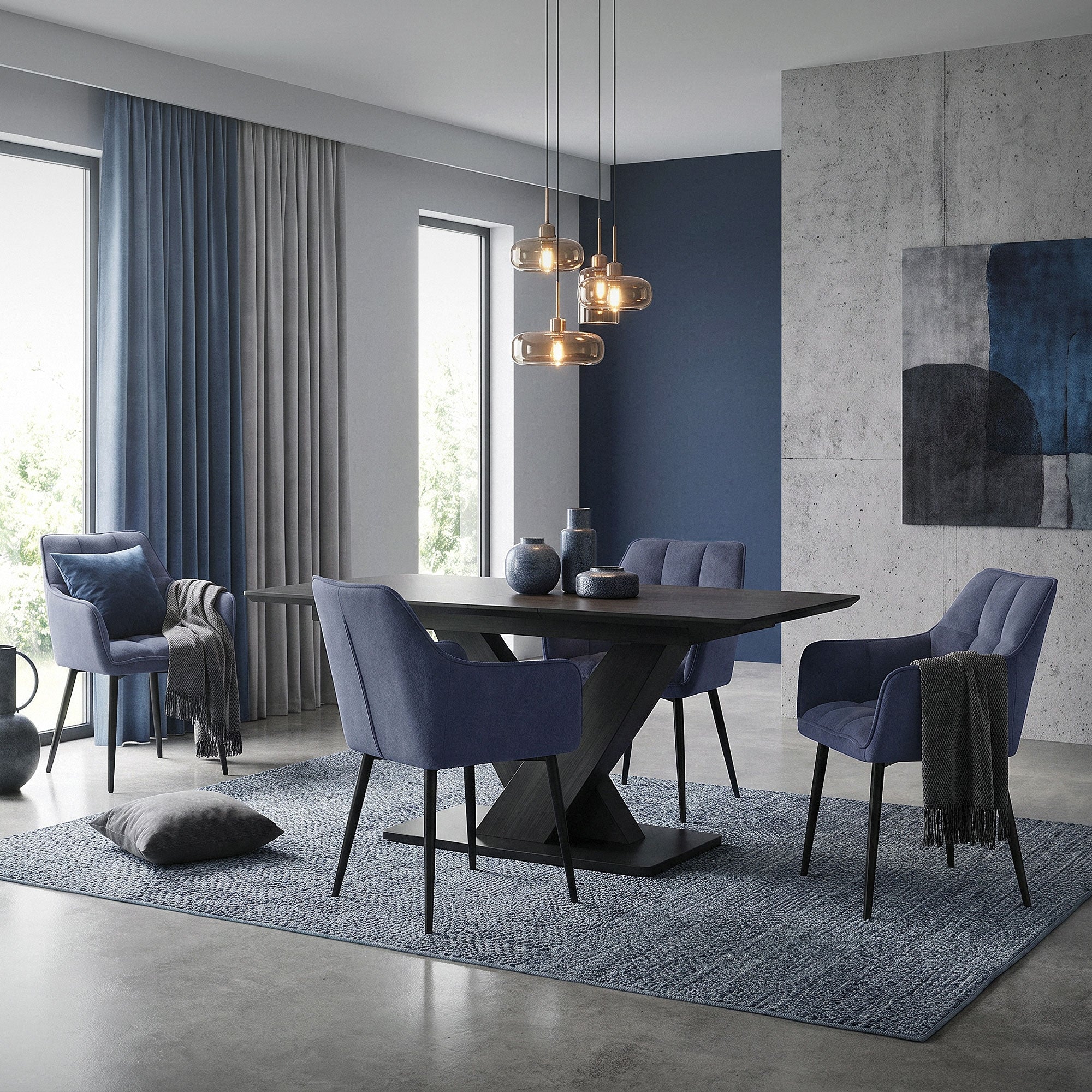 Dining room with a table and several blue chairs in modern design.