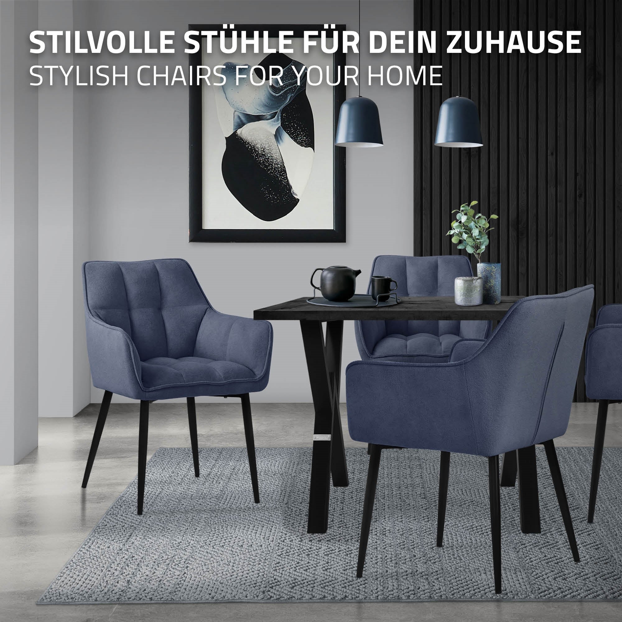 Stilvolle blaue Stühle um einen Tisch in einem modernen Raum.
