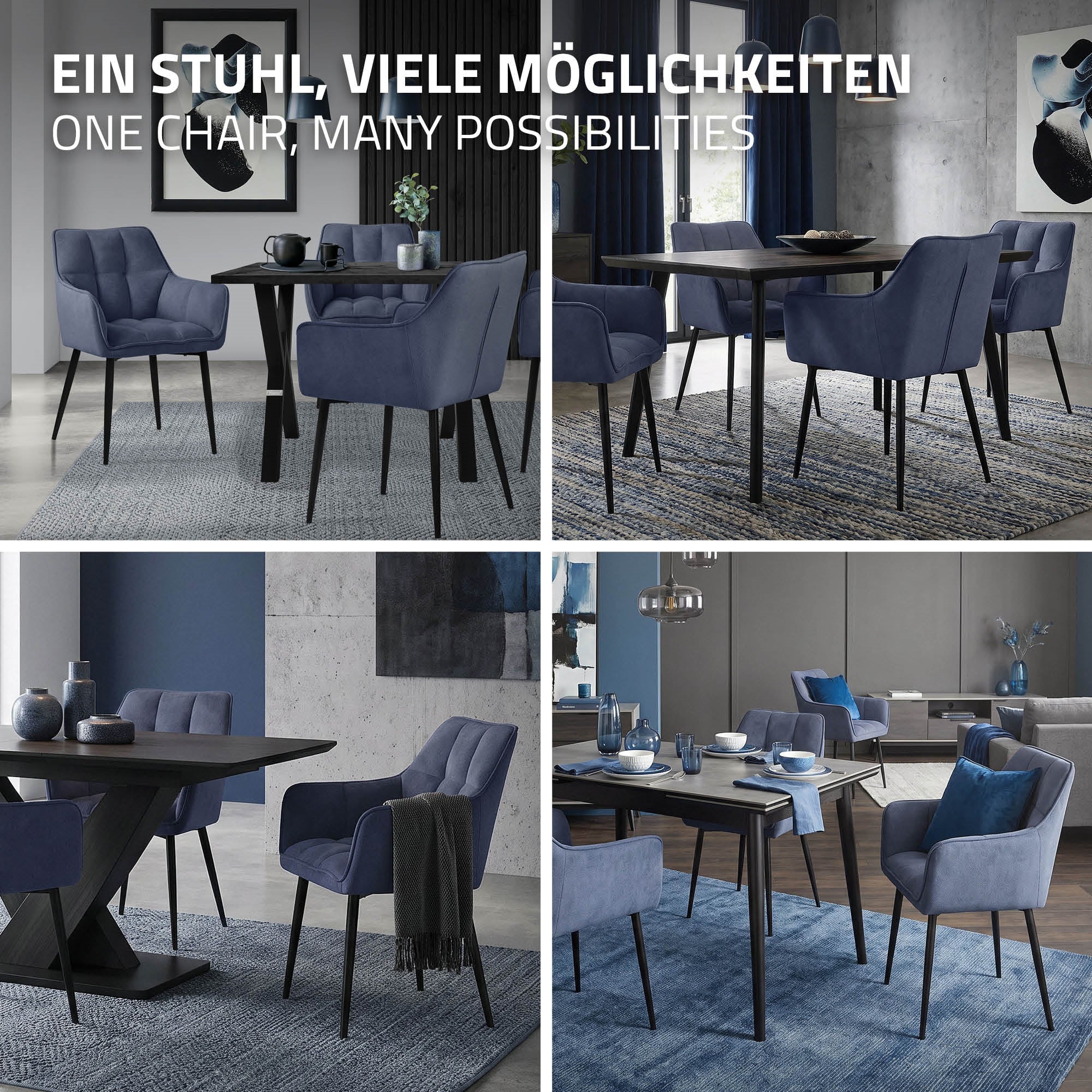 Four blue chairs around two tables in a modern dining room.