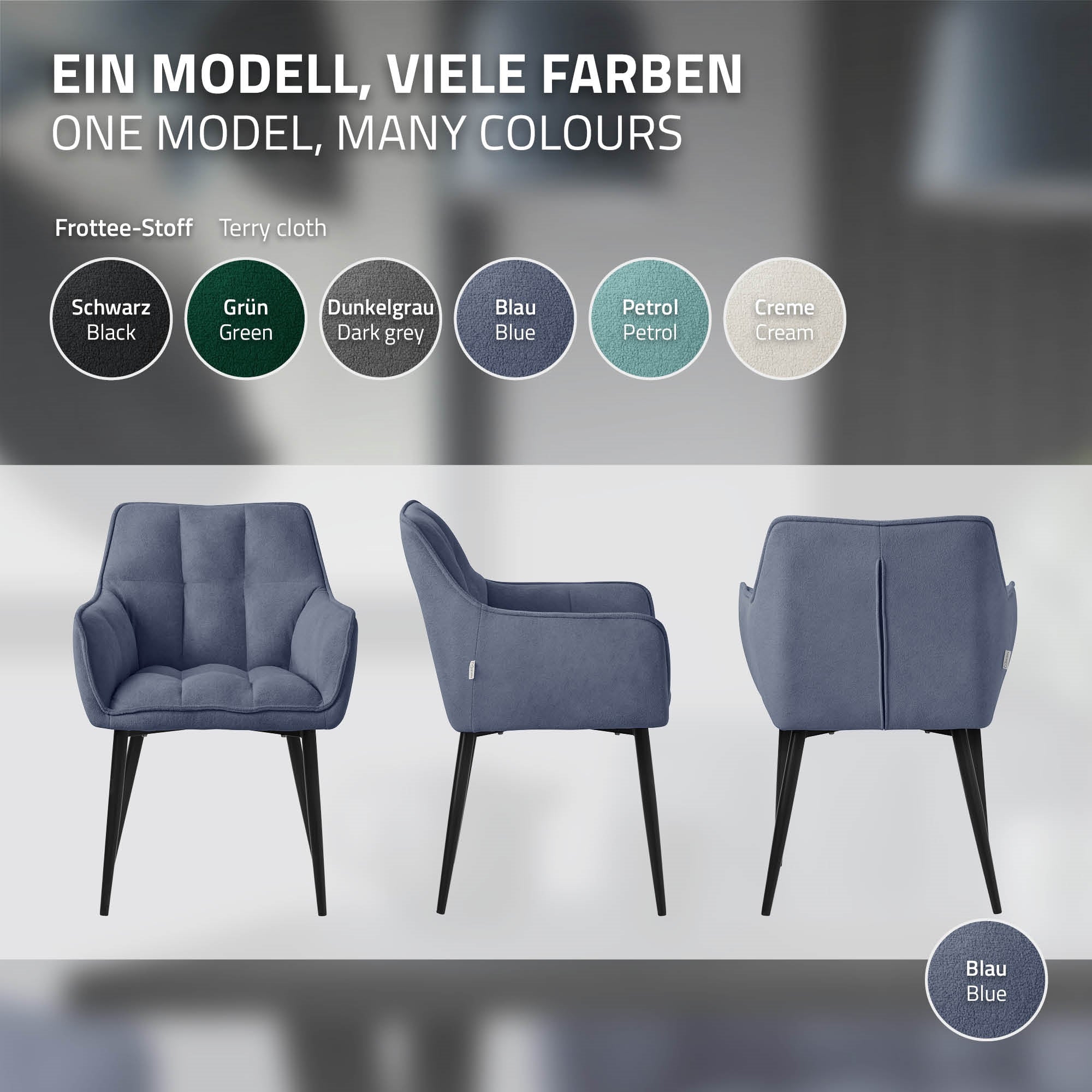 Three chairs in different colors on a light background.