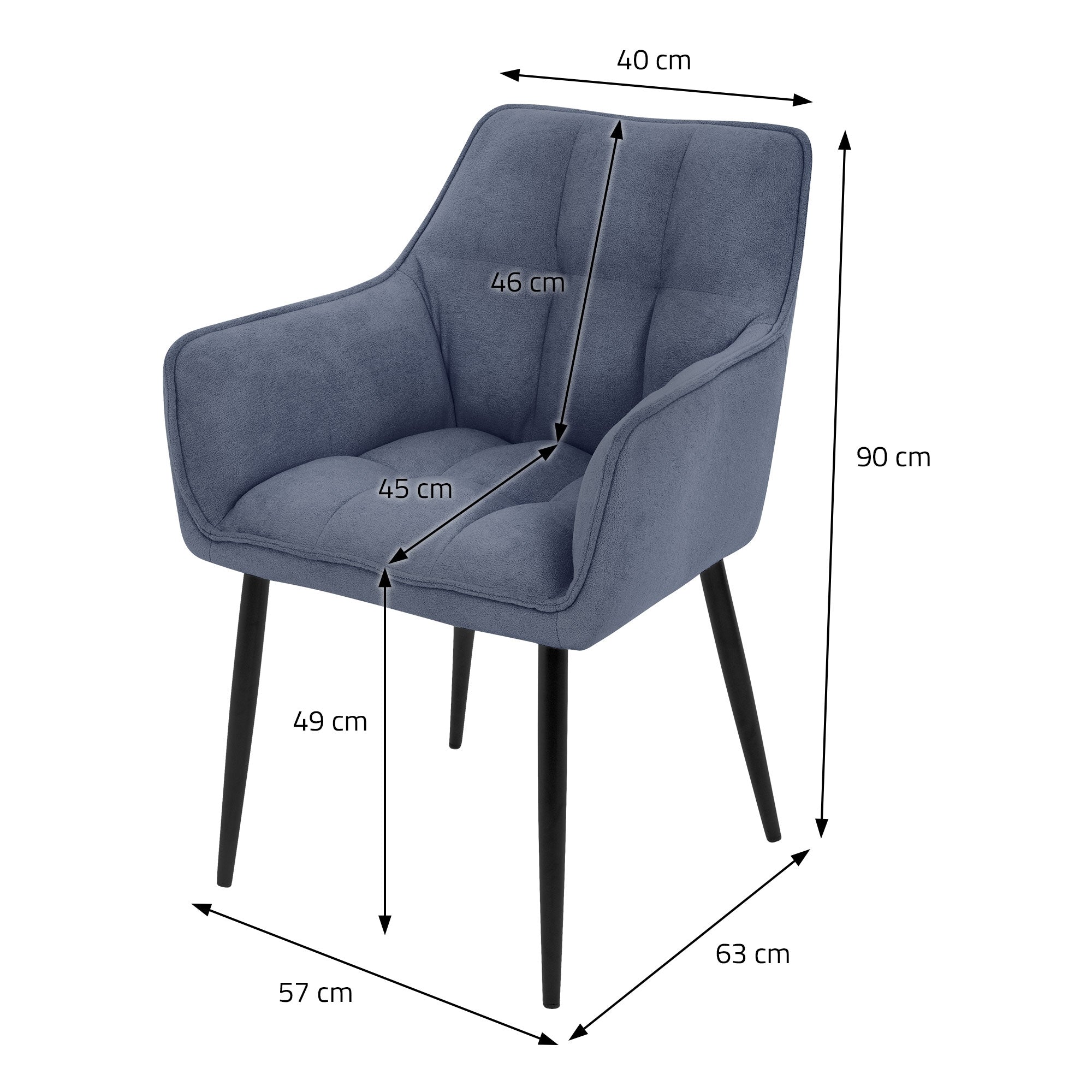 Blå spisestol med mål og detaljer.