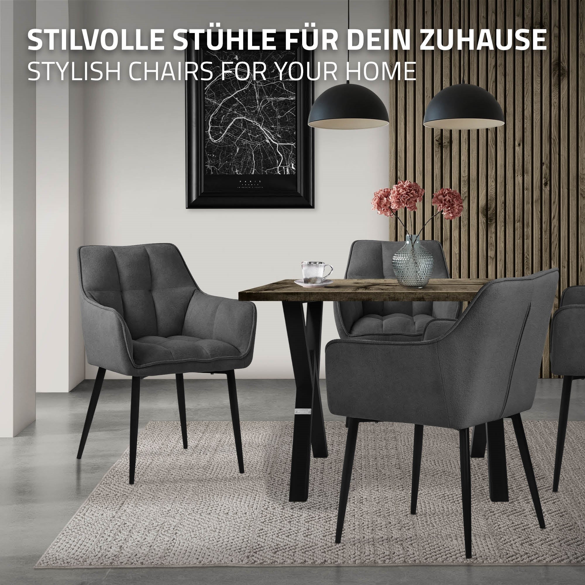 Sedia da pranzo grigia in un ambiente moderno con tavolo.