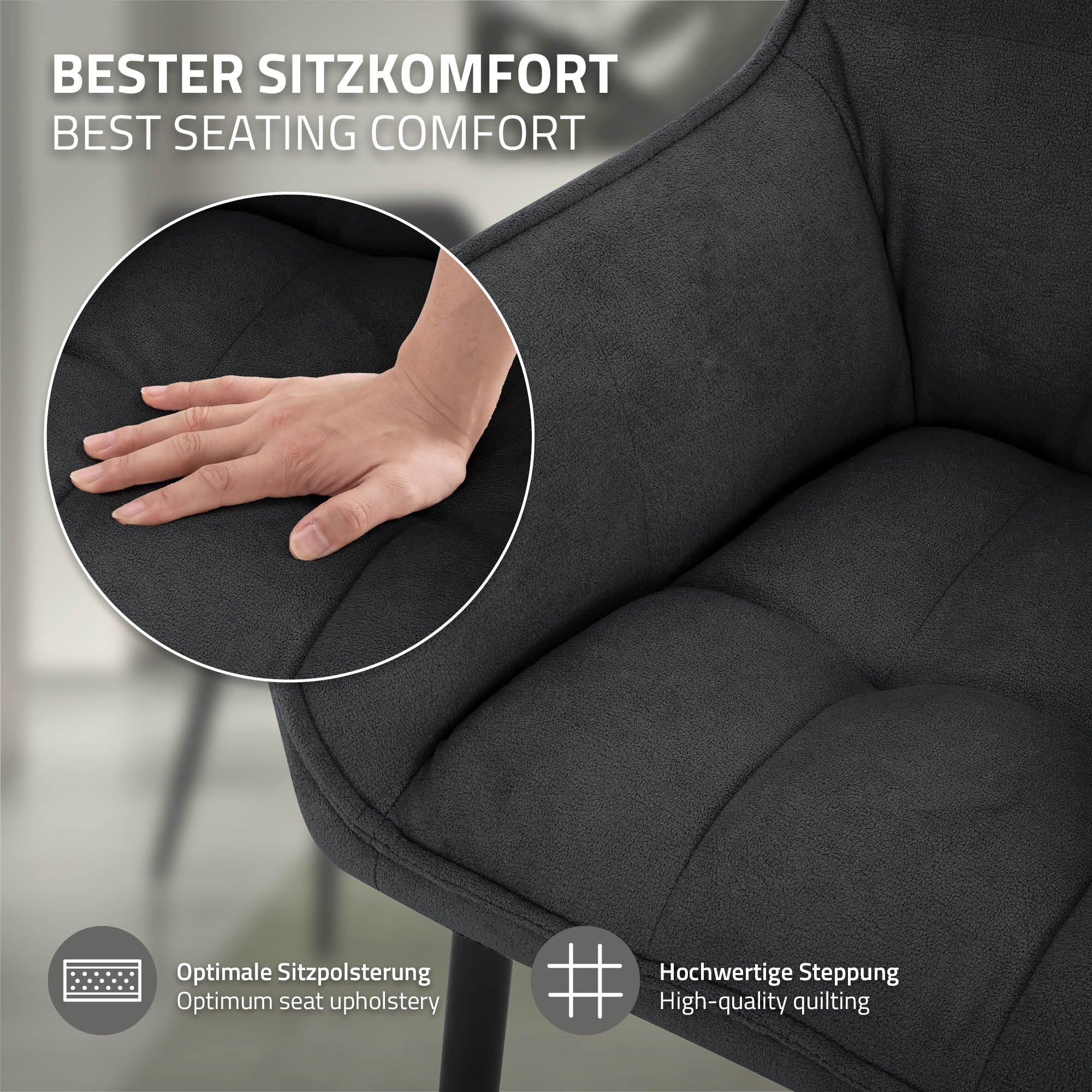 Nahaufnahme der Sitzfläche eines grauen Esszimmerstuhls.