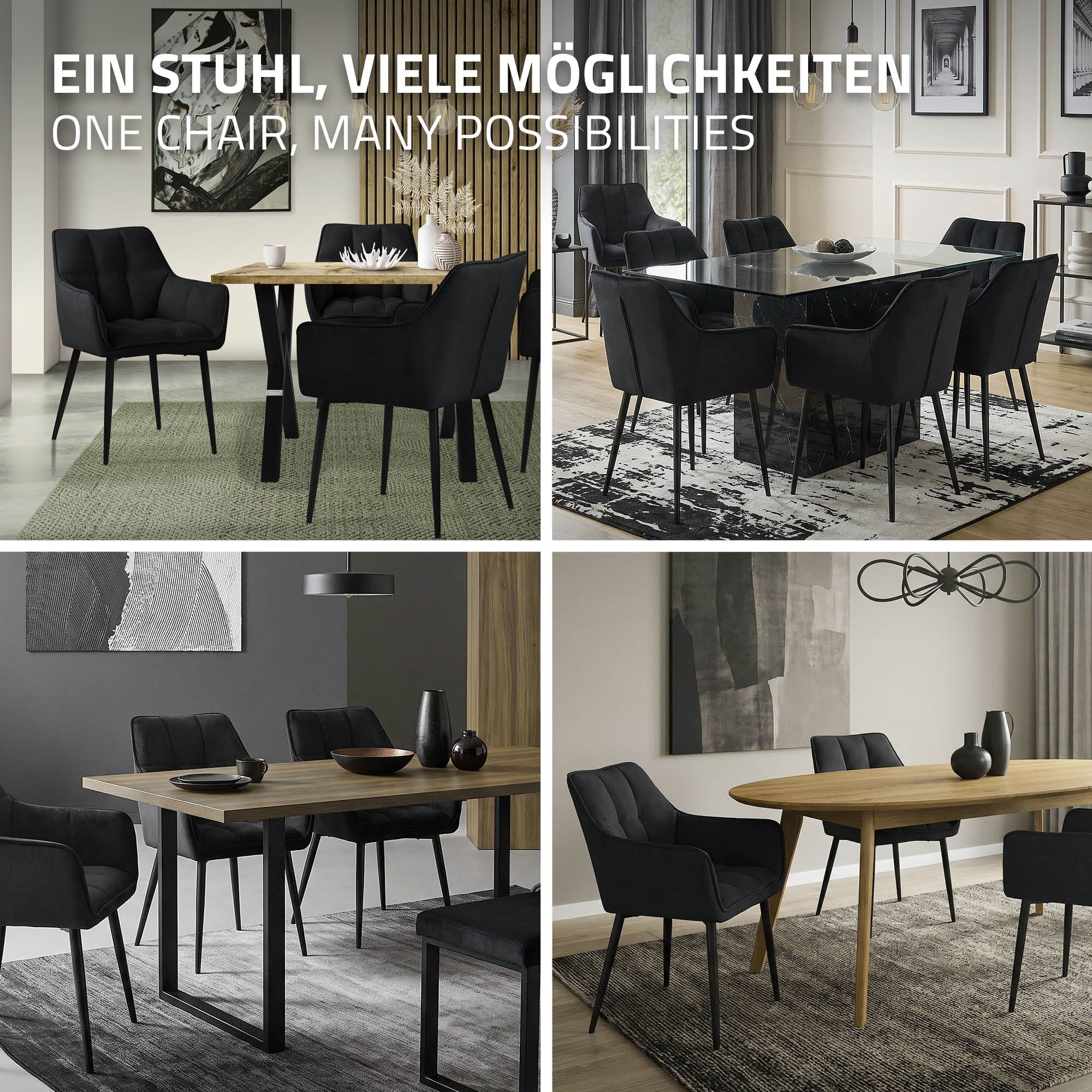 Vier Stühle um einen Tisch in verschiedenen Arrangements.