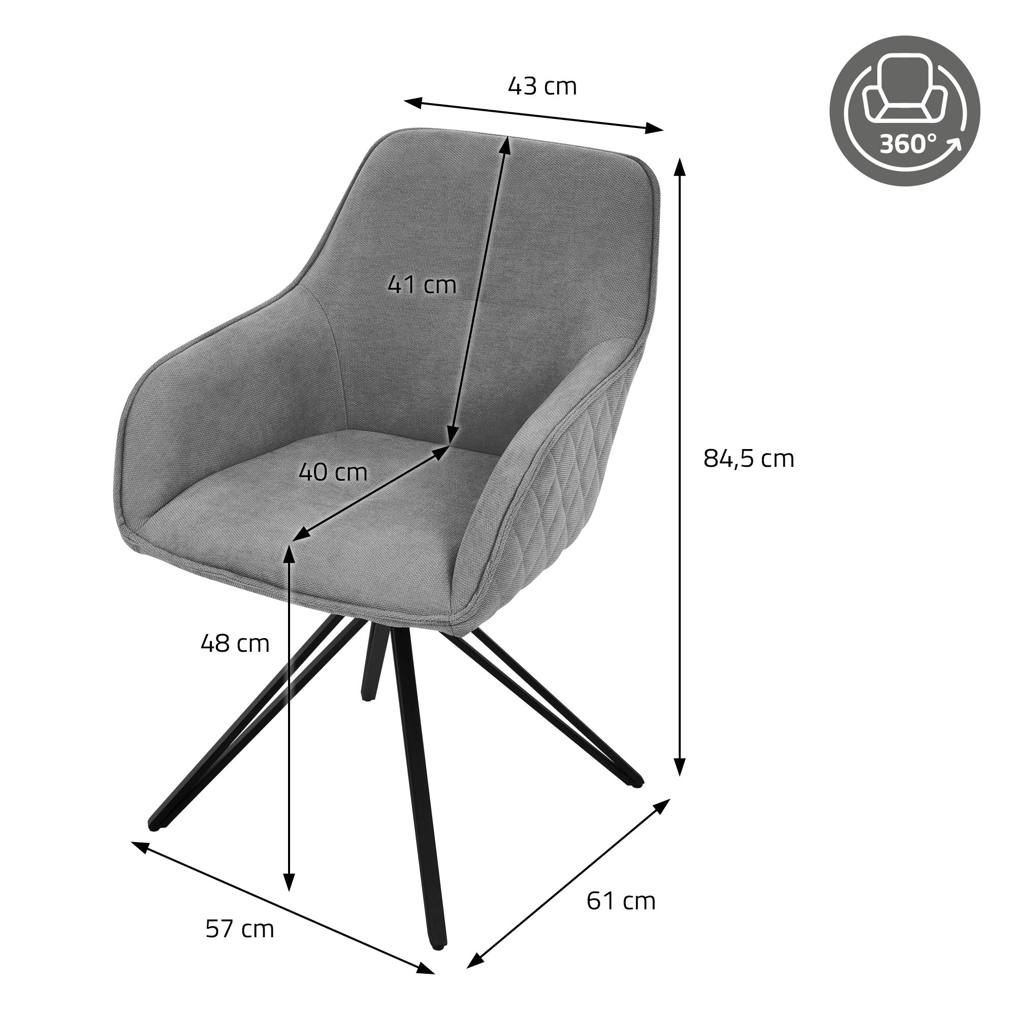 Måltegning af en stol med dimensioner i centimeter.