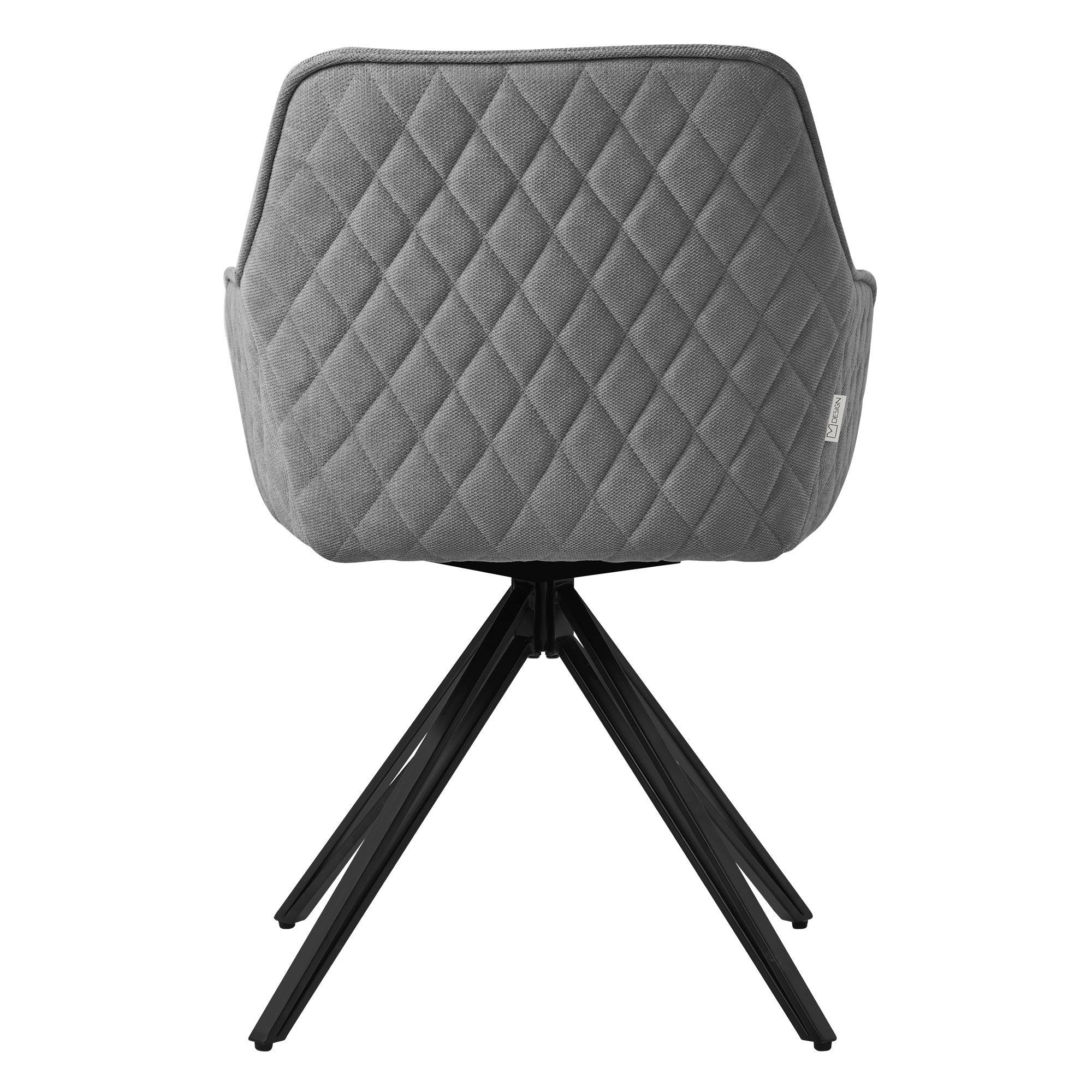 Bagvisning af en grå stol med diamantformet quiltning.