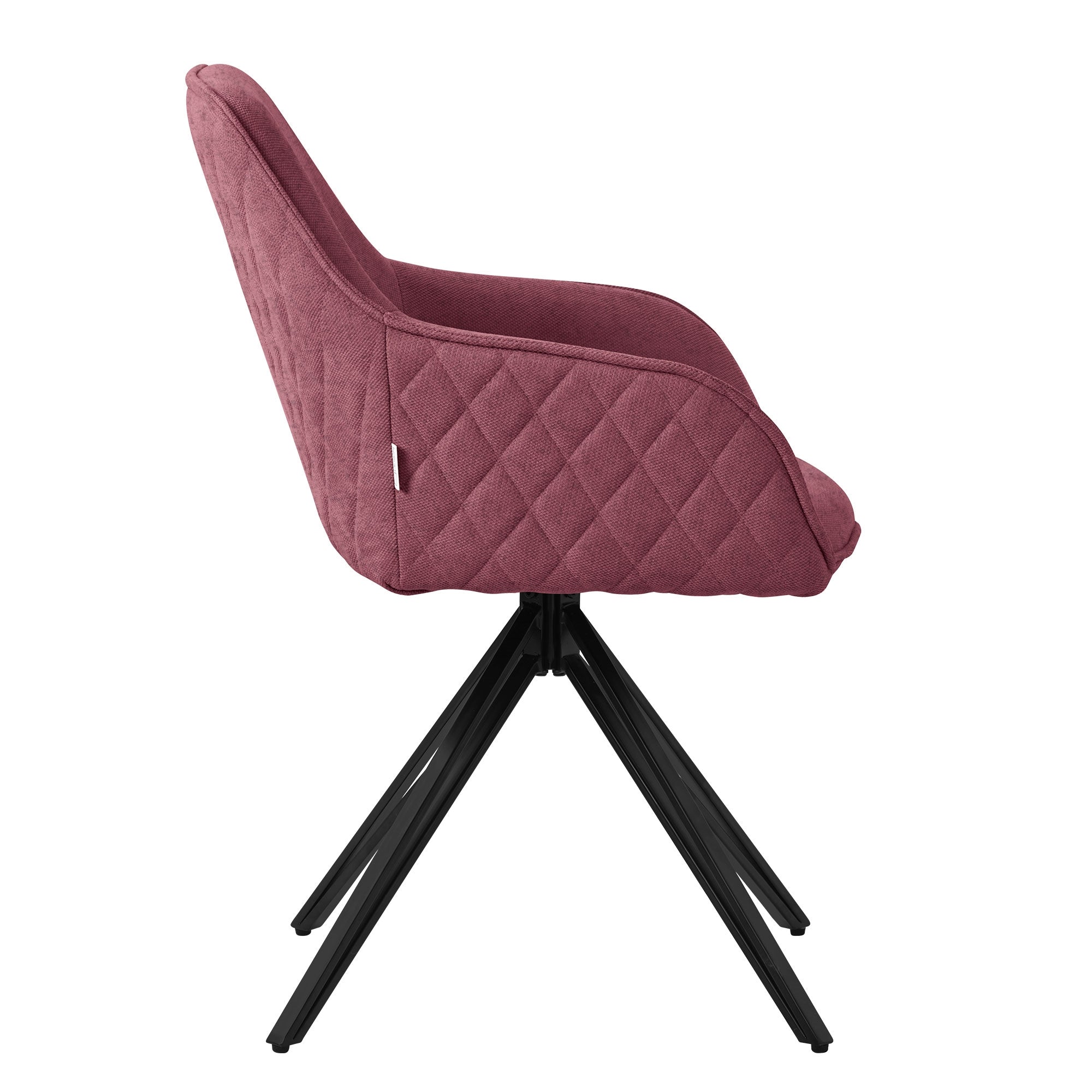Seitenansicht eines rosa gepolsterten Stuhls mit schwarzem Gestell.