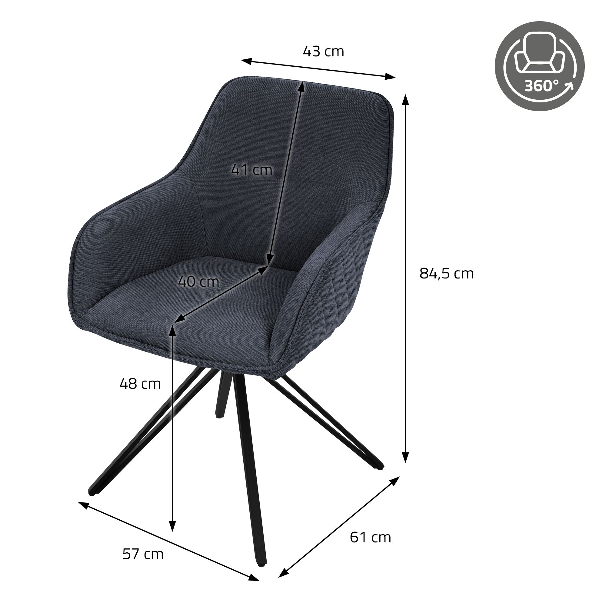 Datenblatt eines Stuhls mit Maßen: Höhe 84,5 cm, Breite 61 cm, Tiefe 57 cm.