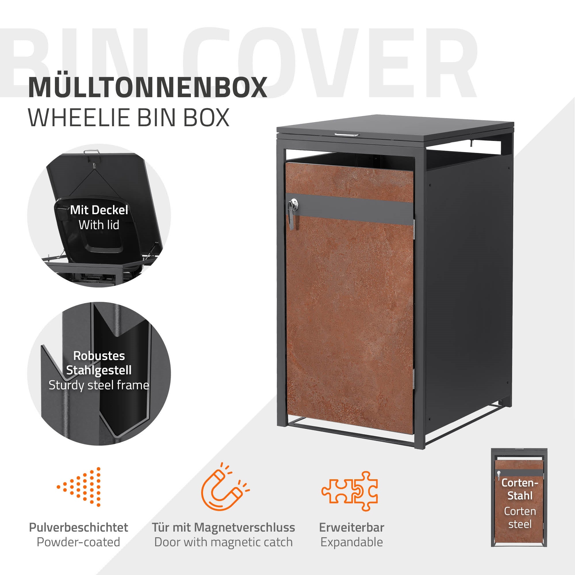 Box per contenitori di rifiuti con coperchio e robusta struttura in acciaio.