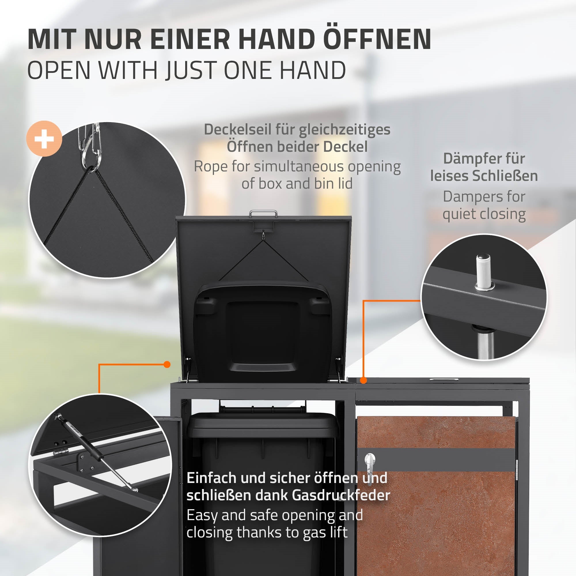 Illustration af en affaldsbeholder med låg, der åbnes med en hånd