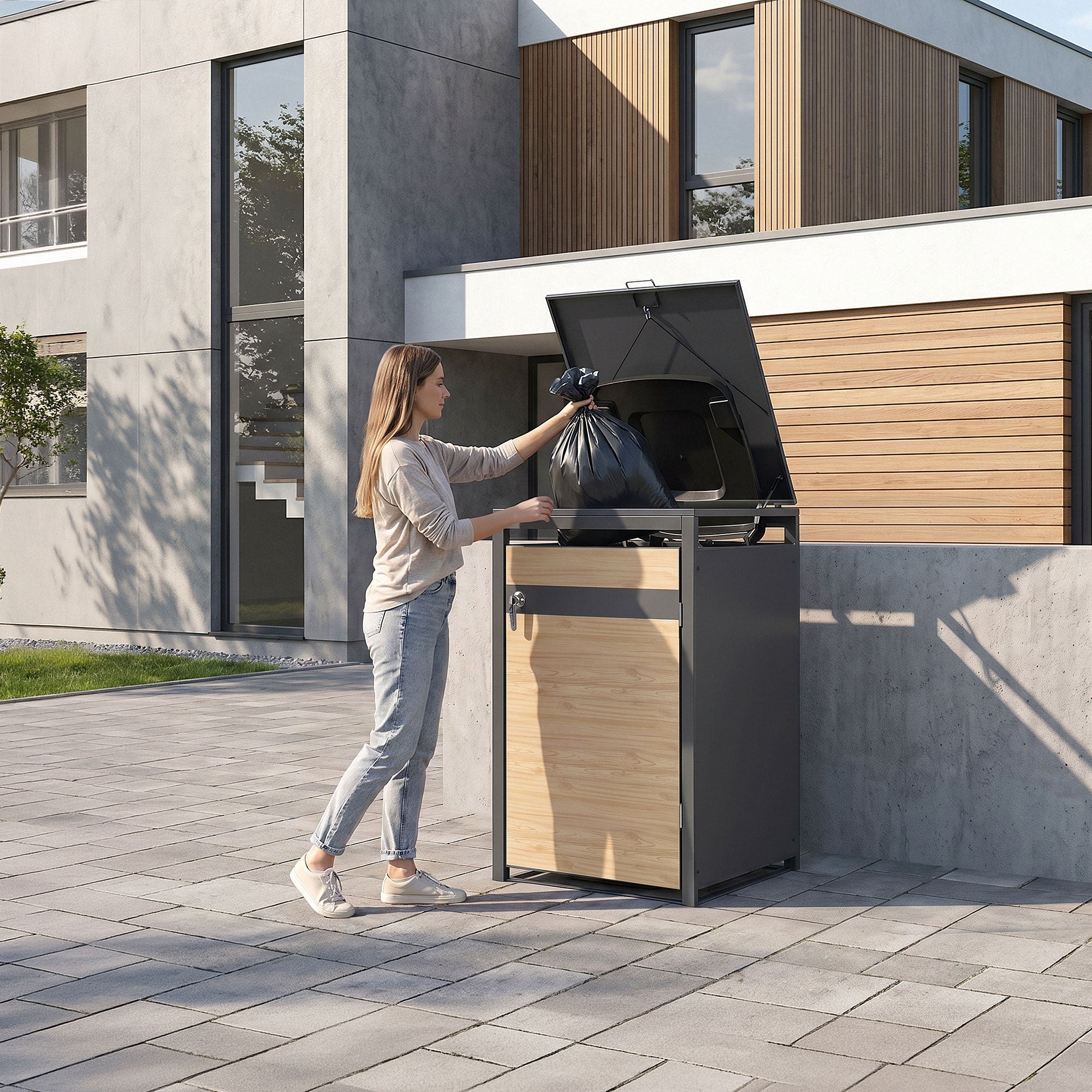 Woman disposing of trash in a trash can box in the outdoor area.