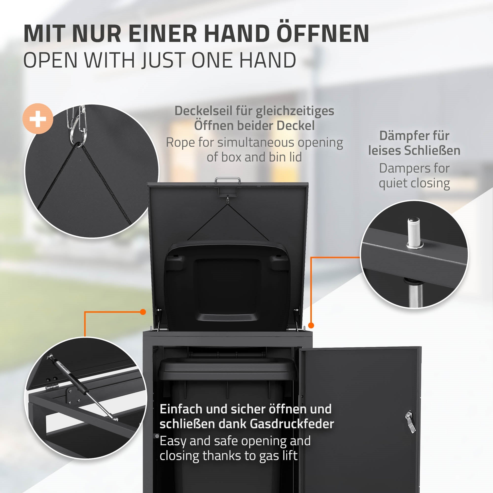 A trash can house with dampers for quiet closing and a lid,