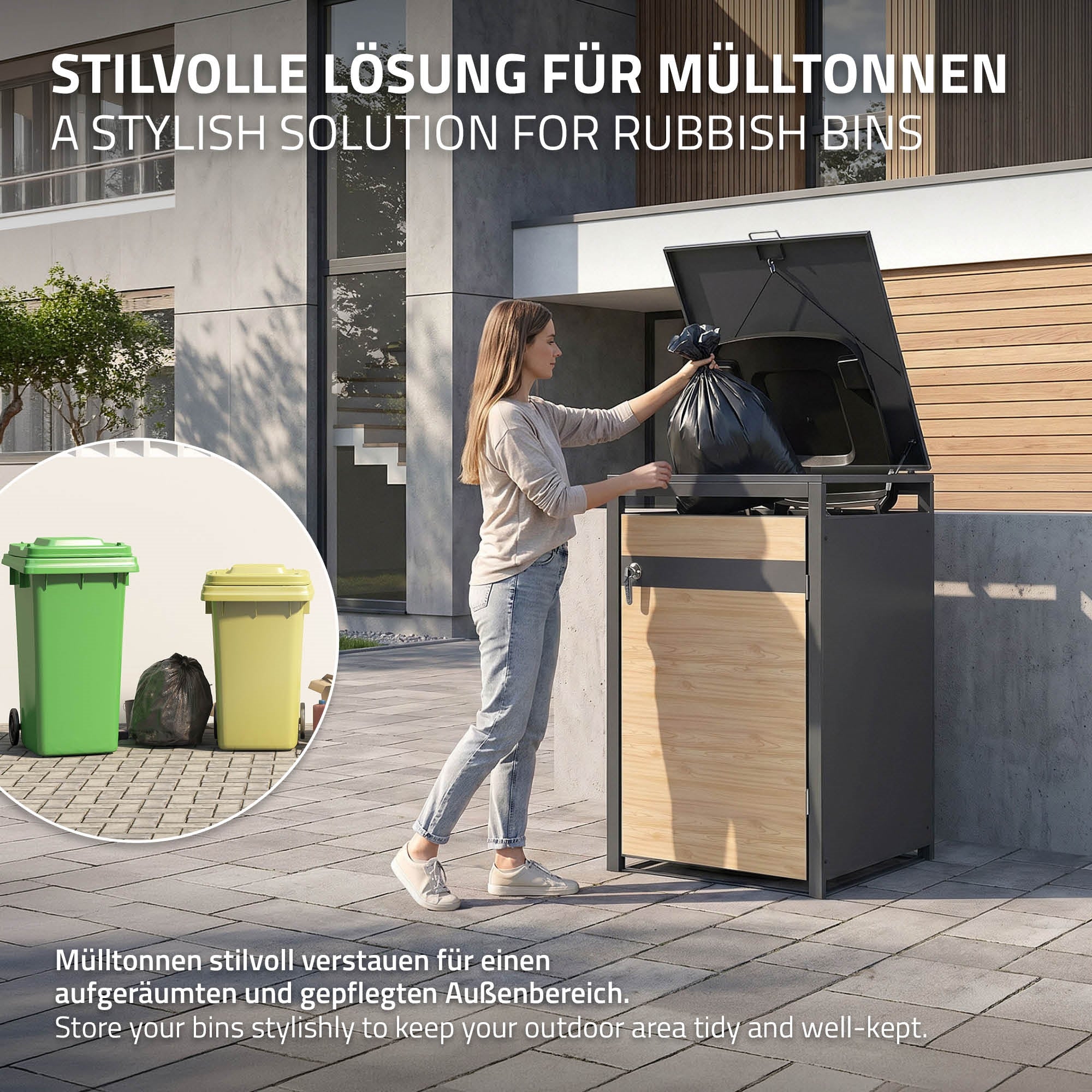 Graphic showing a stylish solution for storing trash cans.