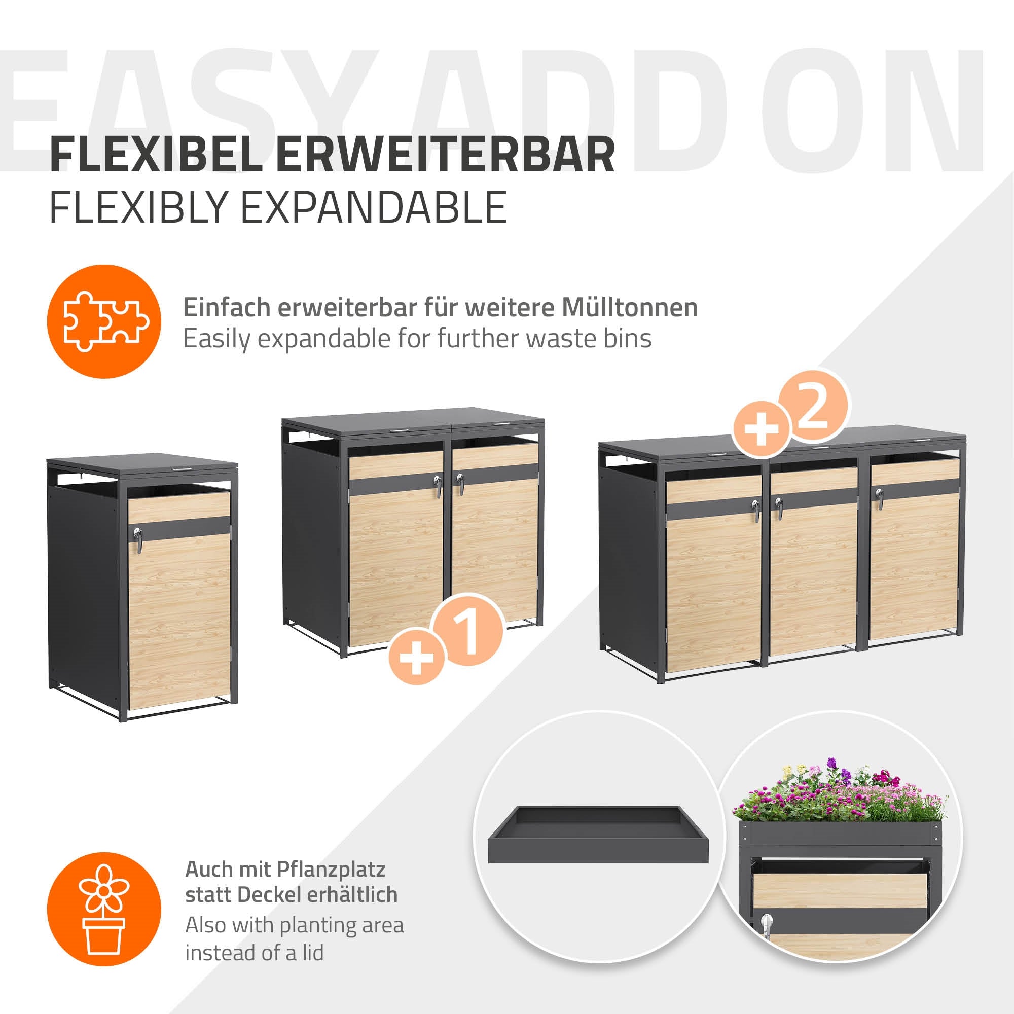 Graphic on the flexible expandability of trash can boxes.