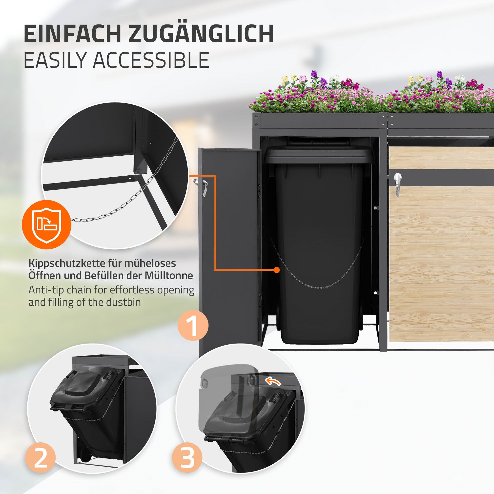 Illustration zur einfachen Zugänglichkeit der Mülltonnenbox.