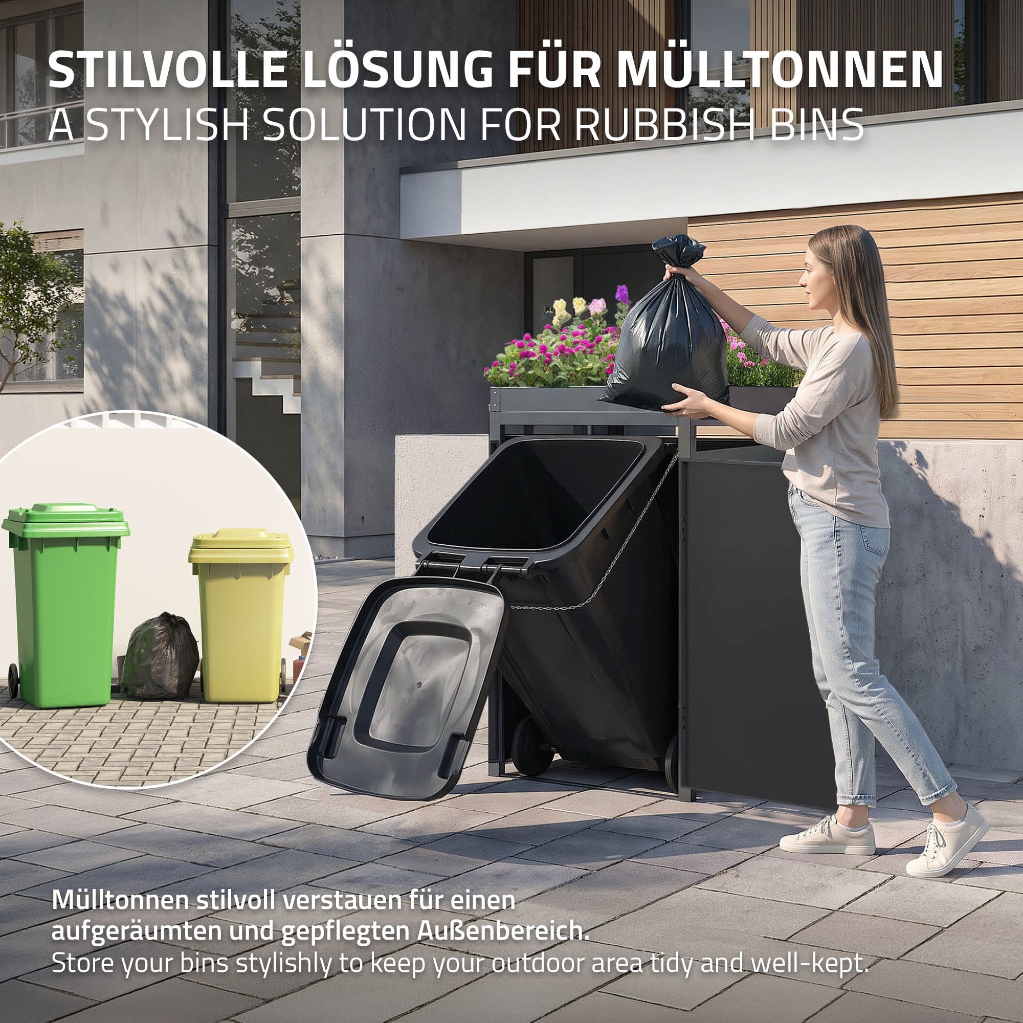 Frau entsorgt Müll in stilvoller Mülltonnenbox mit zwei Mülltonnen
