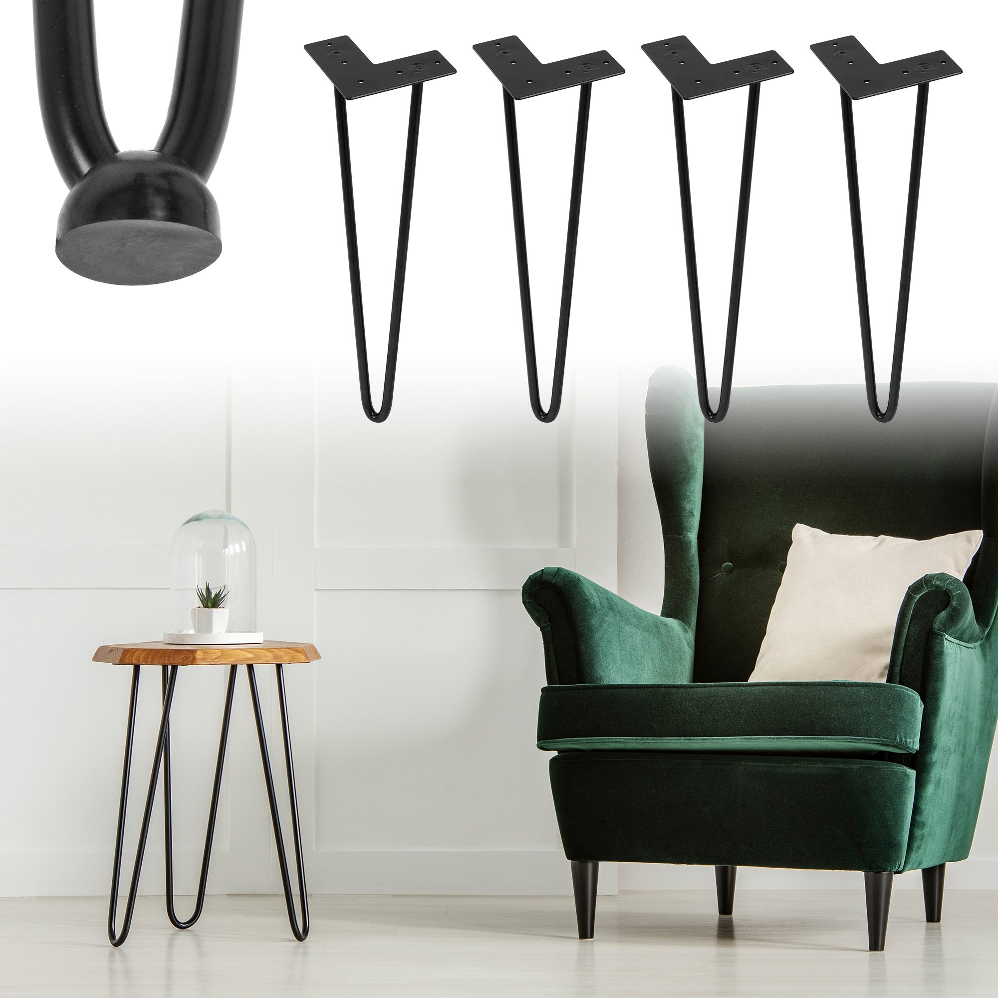 Fire sorte bordben i metal, et bord med træplade og en grøn stol.