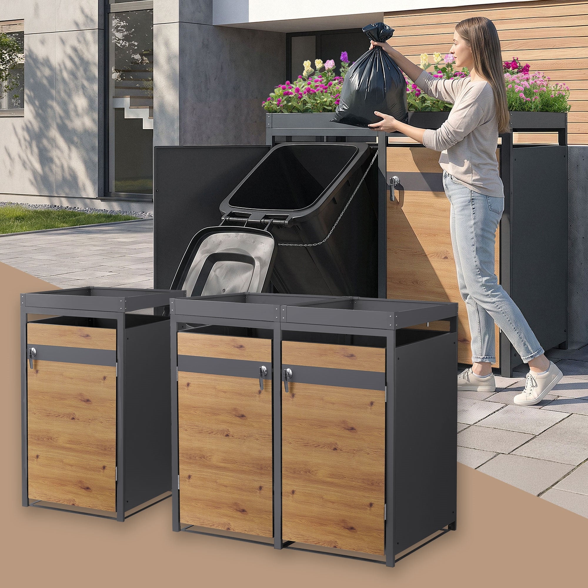 Three trash can boxes in wood look, one large and two small.